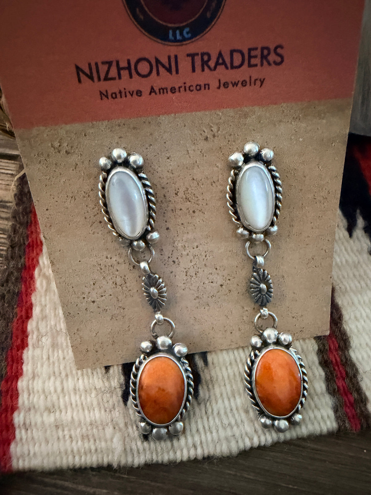 Handcrafted Spiny Oyster, Mother of Pearl & Sterling Silver Cluster Necklace and Earring Set by Fred Francis