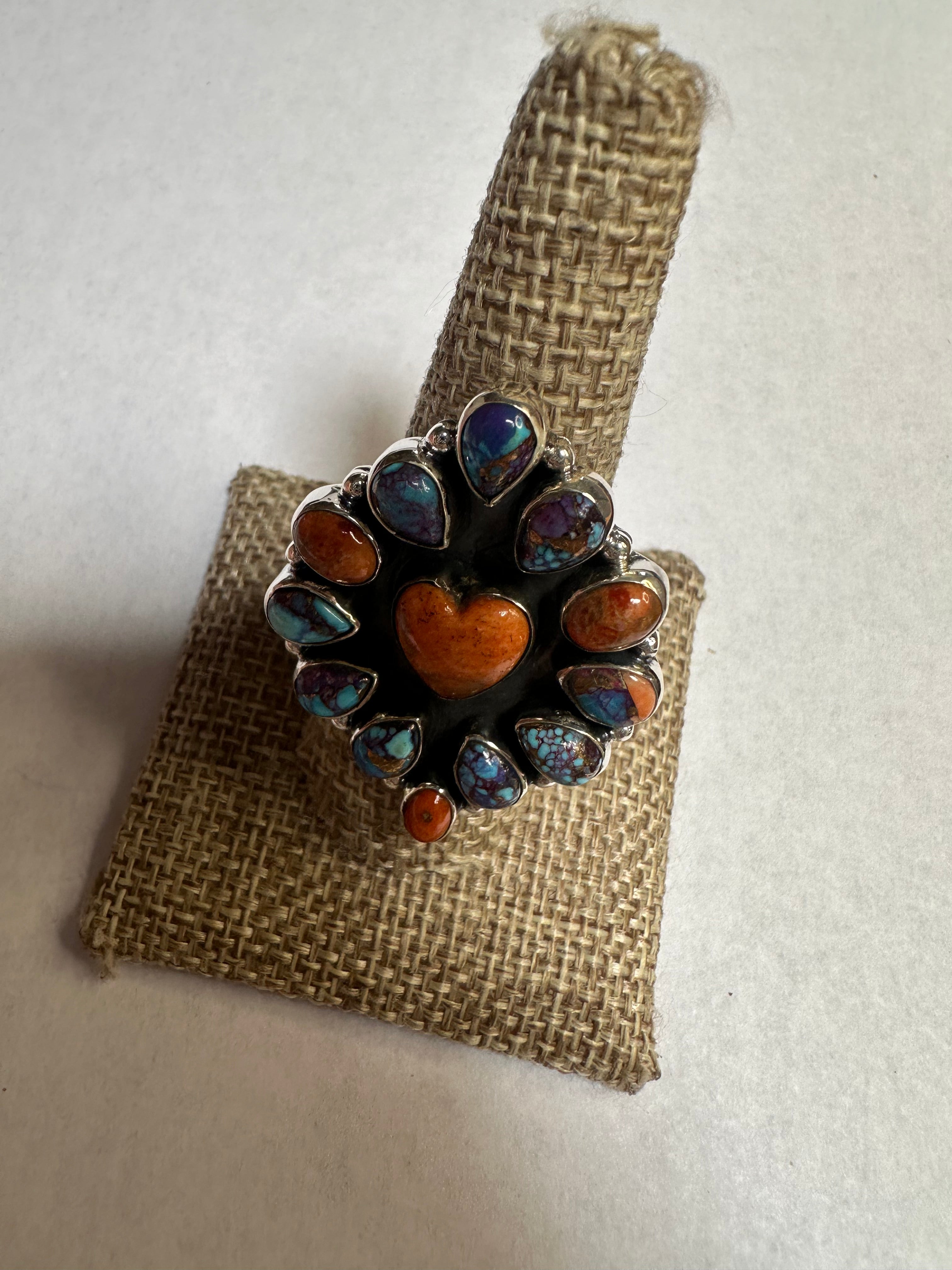 Handmade Purple Dream Mojave, Orange Mojave And Sterling Silver Adjustable Cluster Heart Ring