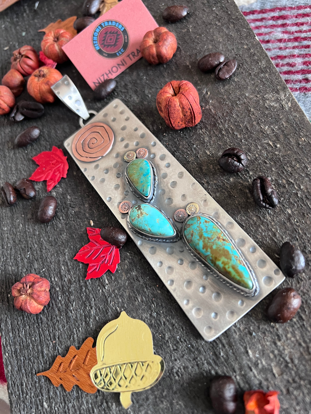 Kimari Somers Hand Stamped Sterling Silver, Copper, Brass & Kingman Turquoise Prickly Pear Cactus Sun Pendant