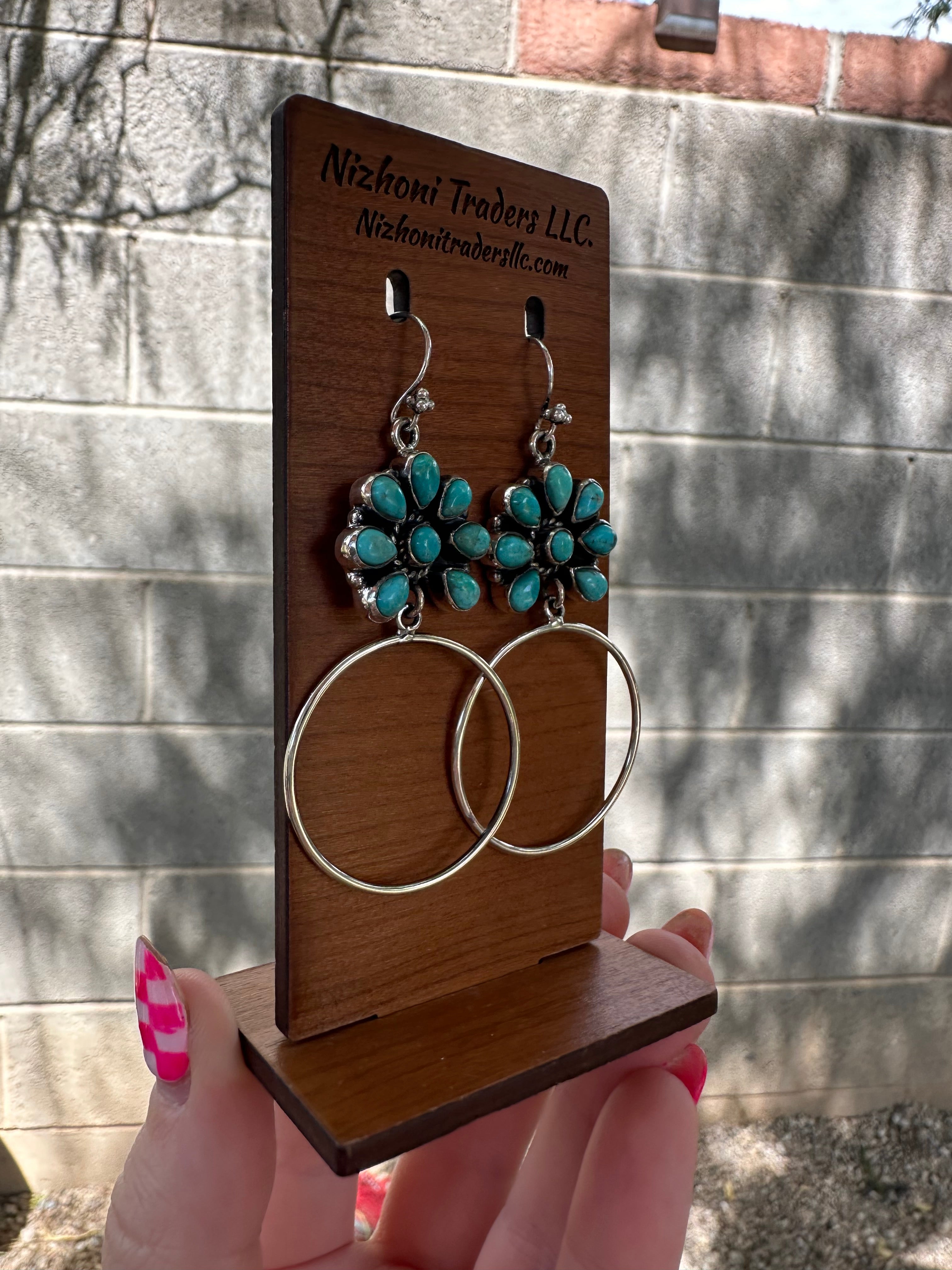 Handmade Turquoise & Sterling Silver Dangle Hoop Earrings Signed Nizhoni