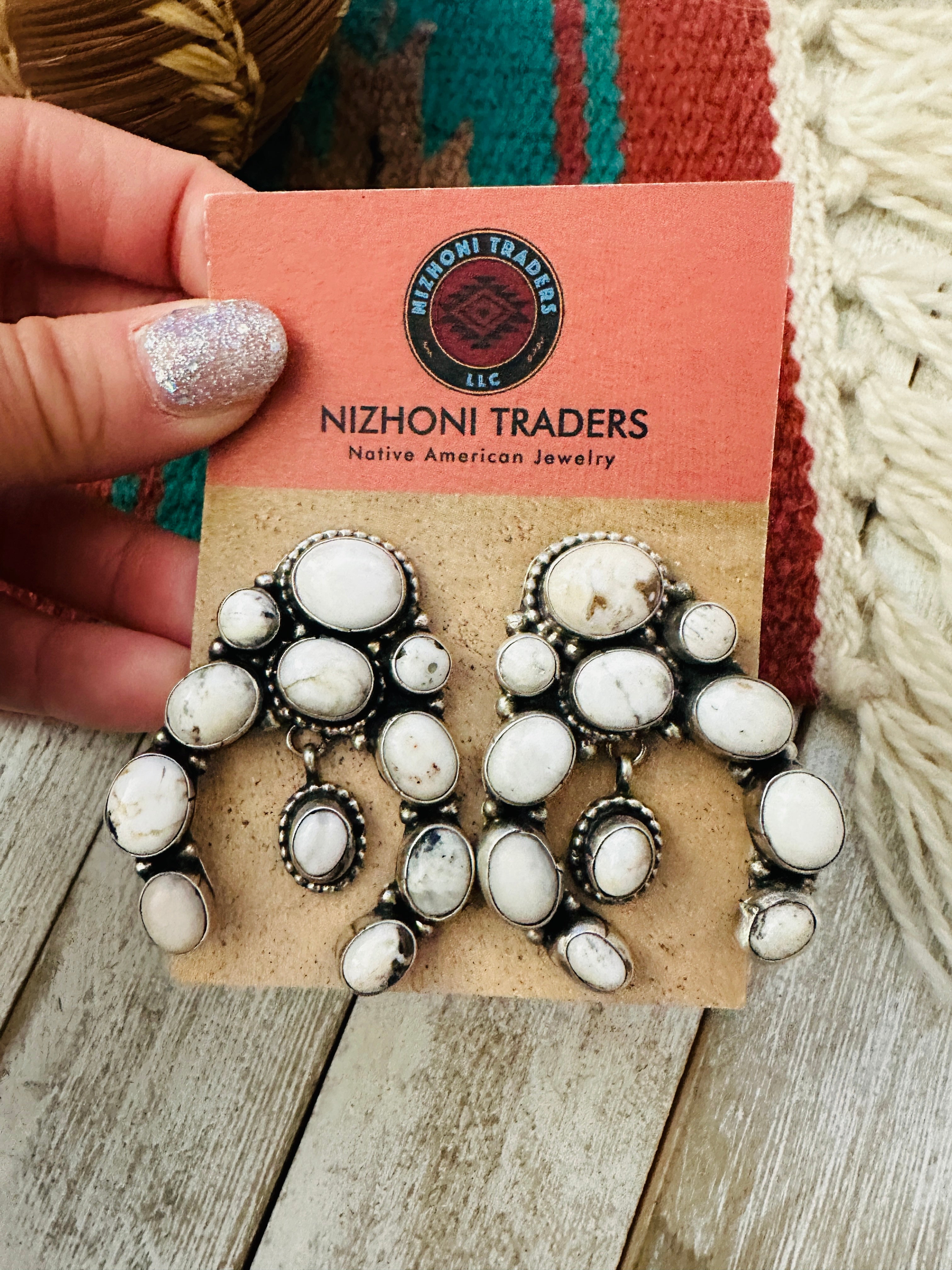 Navajo White Buffalo & Sterling Silver Cluster Naja Earrings