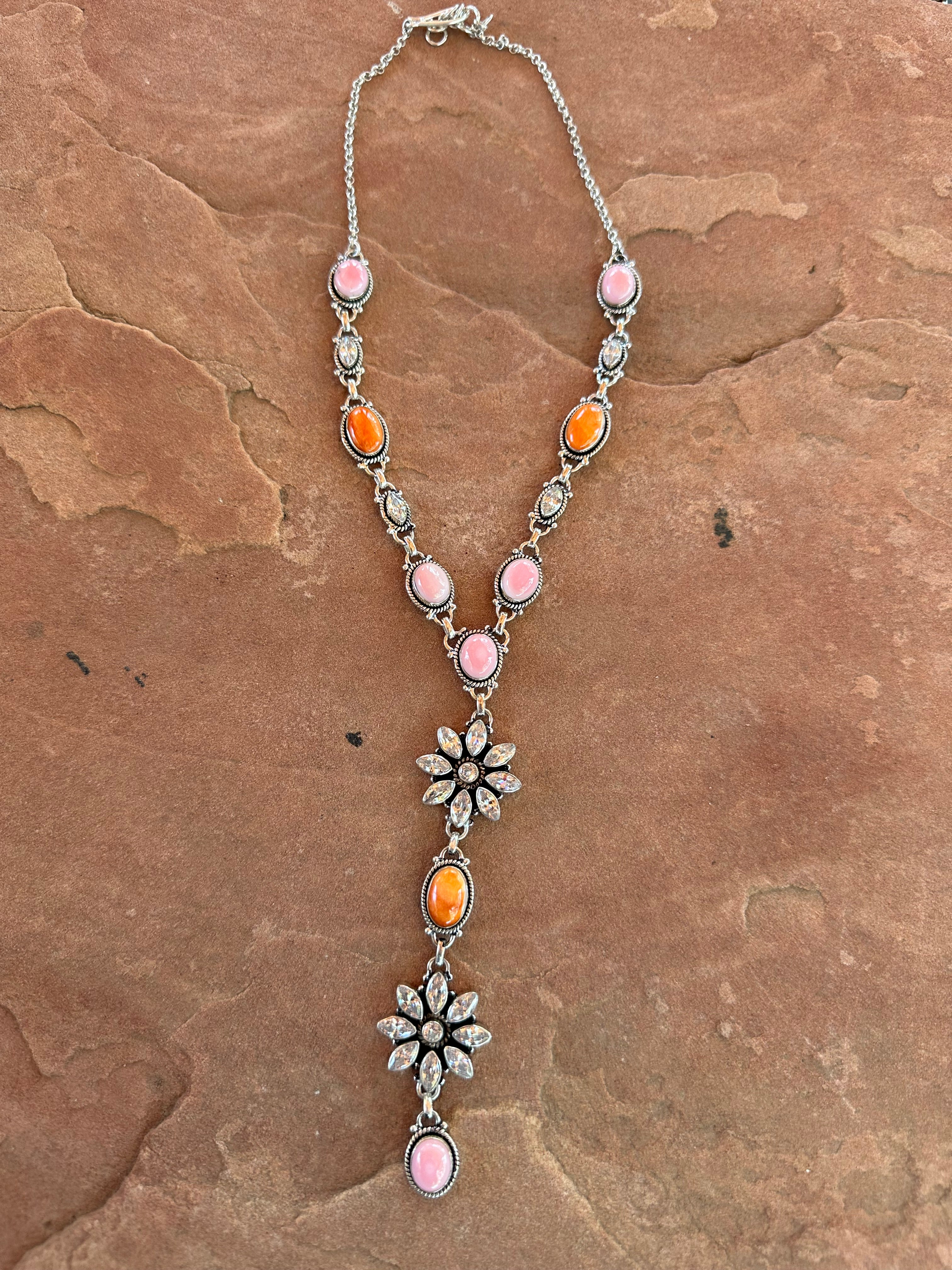 Beautiful Handmade Sterling Silver, Pink Conch, CZ, Orange Spiny Lariat Necklace