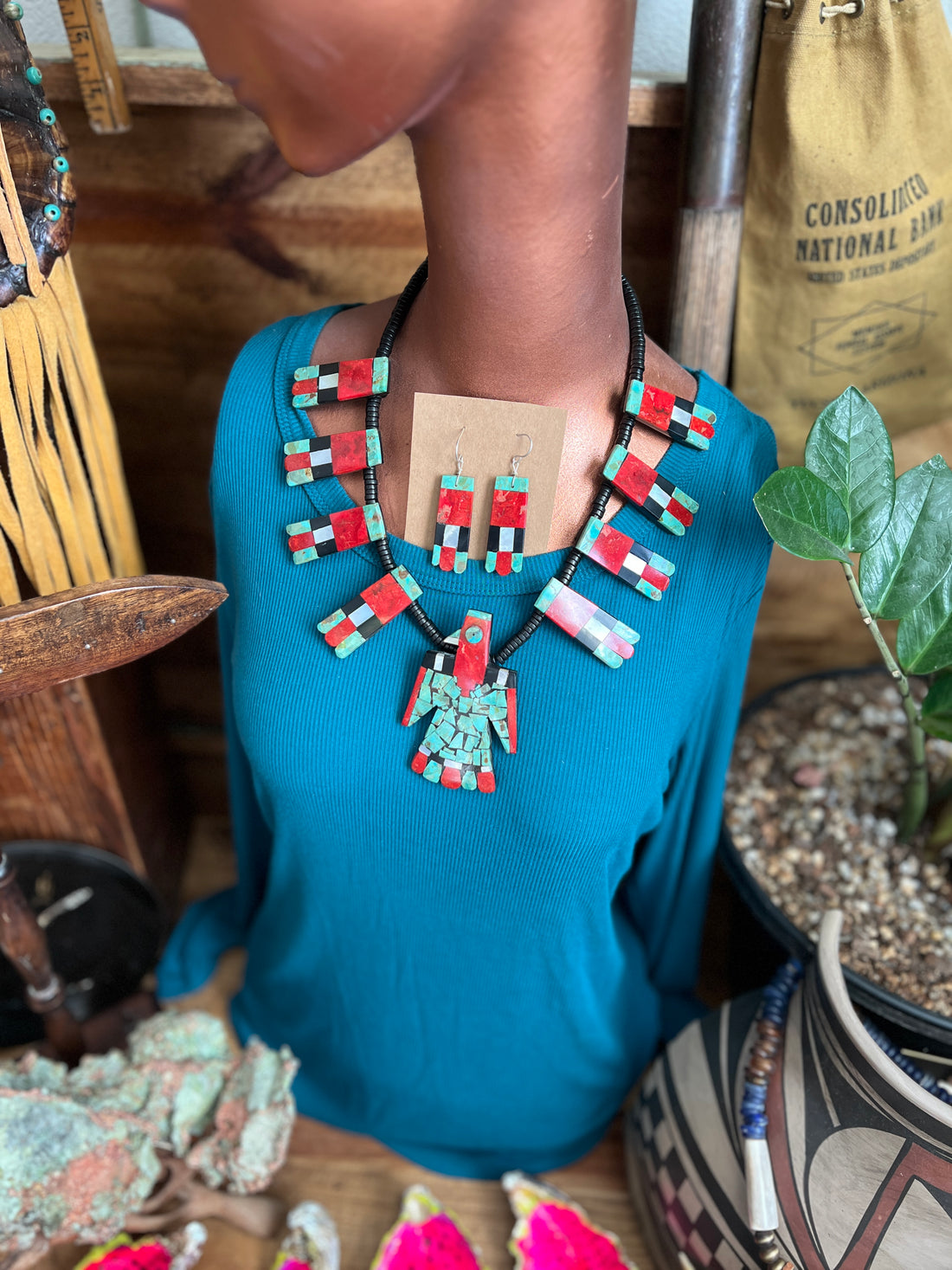 Handcrafted Inlay Turquoise and Apple Coral Thunderbird Tab Necklace & Earrings Set by Warren Nieto
