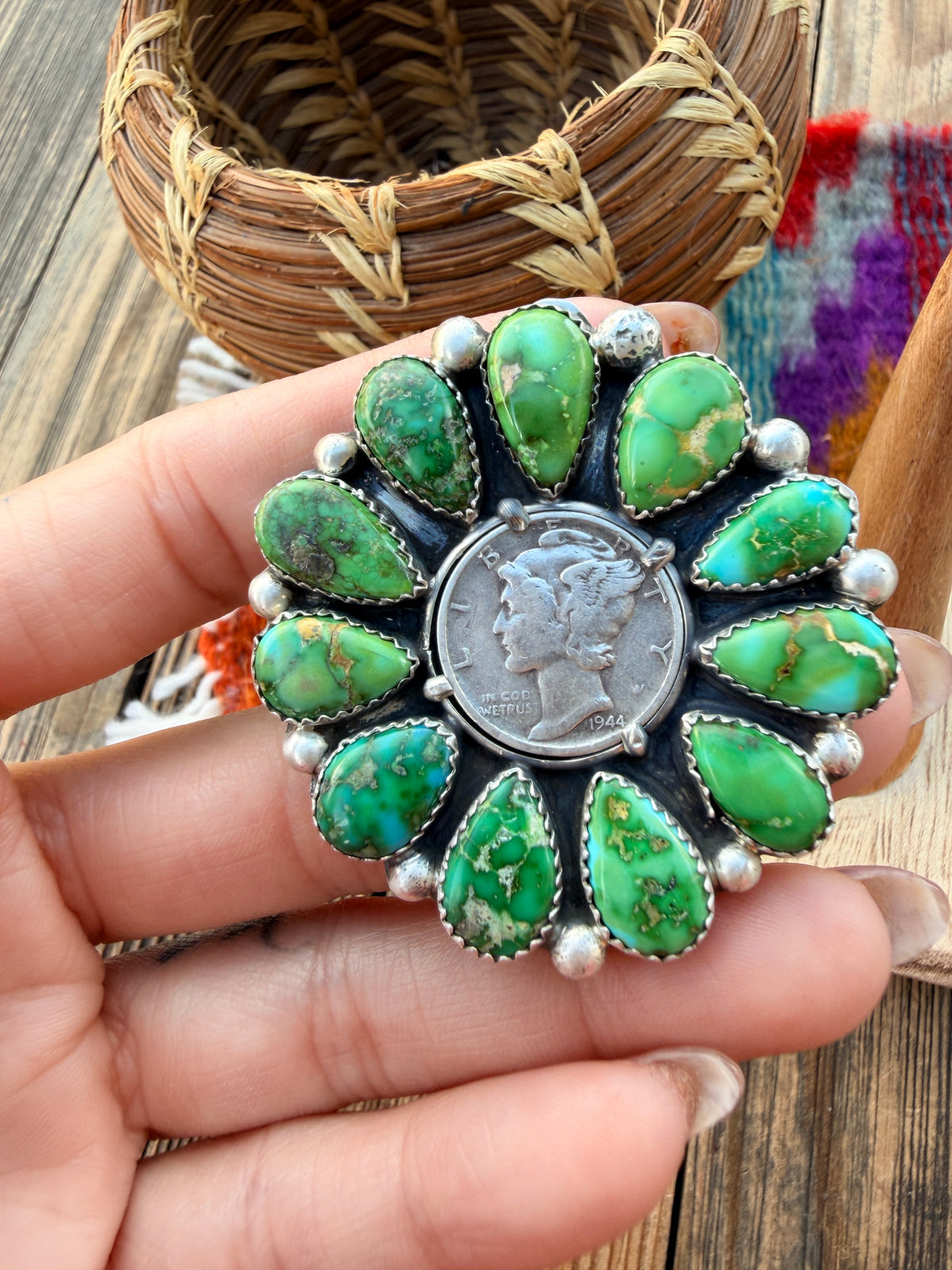 Handcrafted Sonoran Mountain Turquoise & Sterling Silver Liberty Dime Adjustable Ring by Michael Thomas Jr.