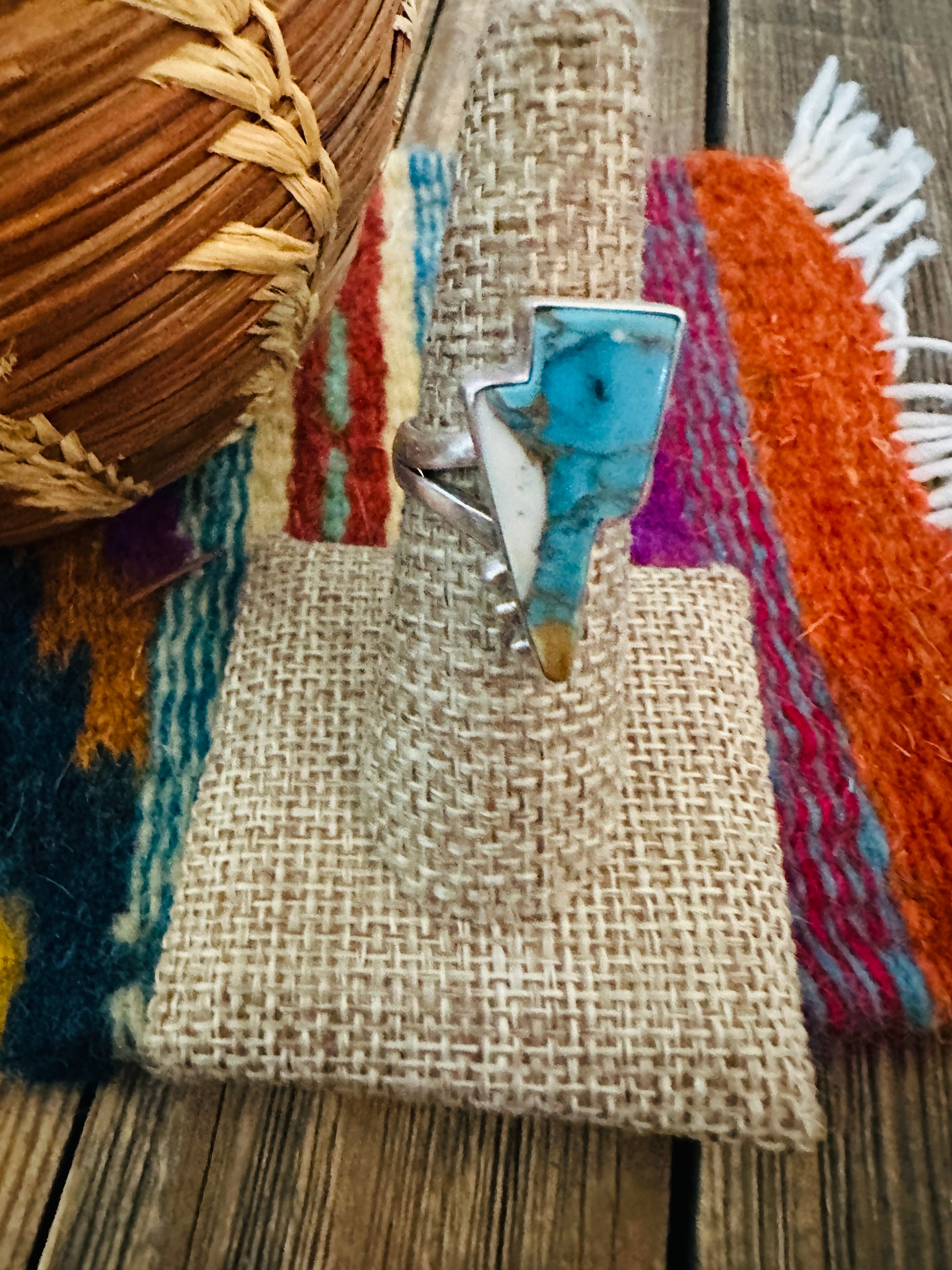 Handcrafted Turquoise & Sterling Silver Lightning Bolt Adjustable Ring