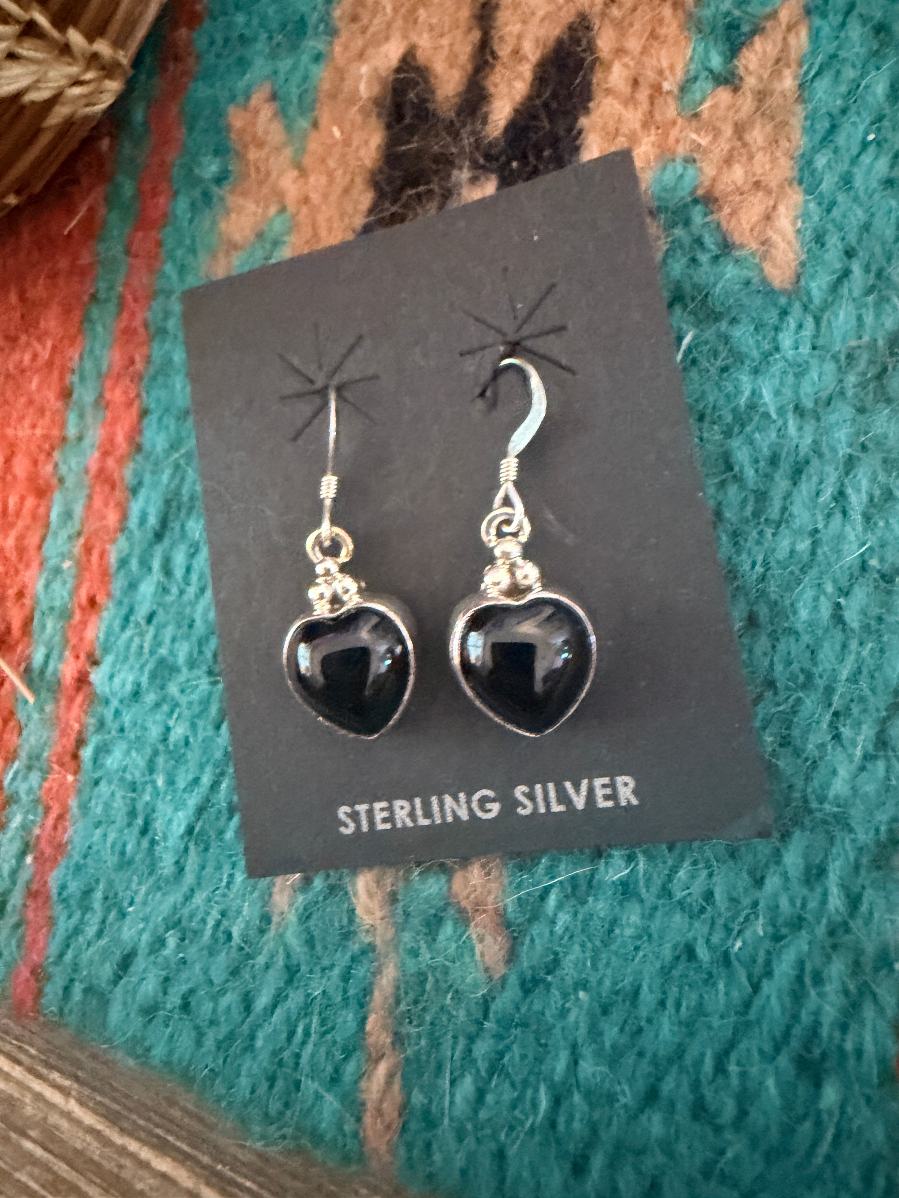 Handcrafted Black Onyx & Sterling Silver Heart Dangle Earrings