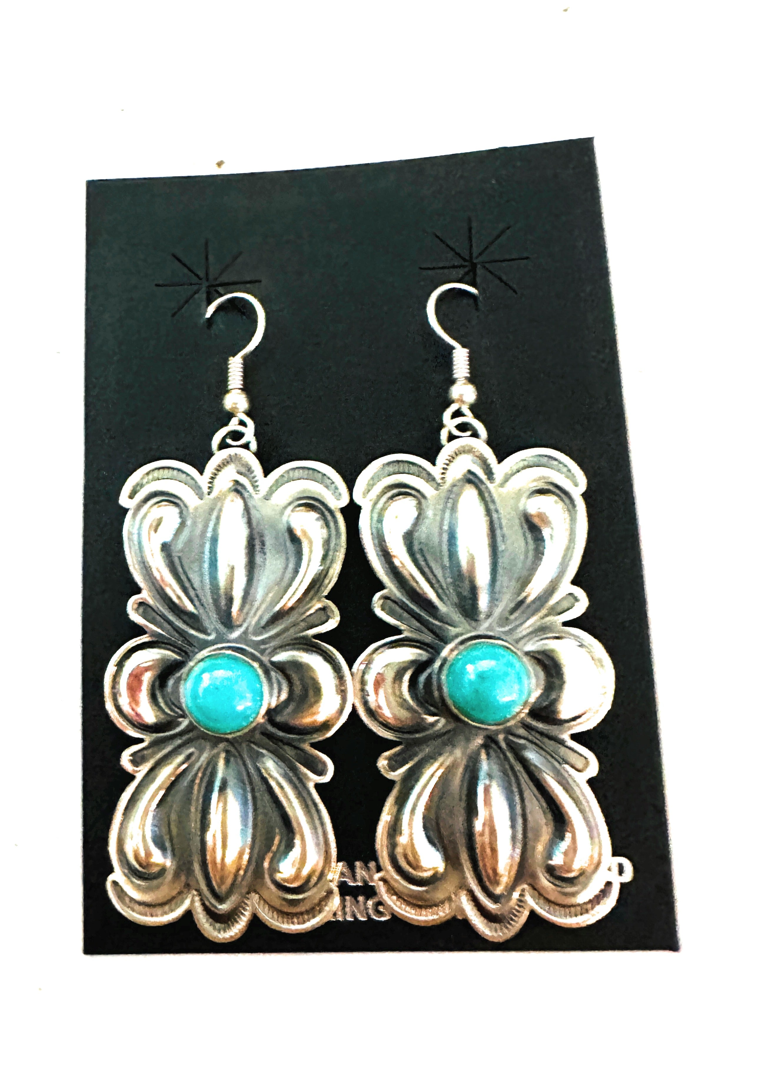 Navajo Hand Stamped Sterling Silver & Turquoise Concho Dangle Earrings