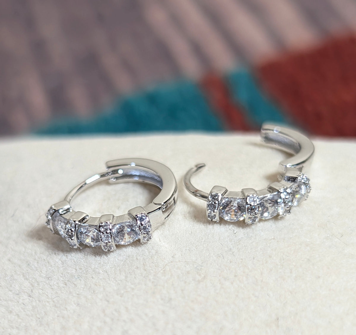 CZ Hoop Earrings Small Hinged Huggie On Sterling Silver