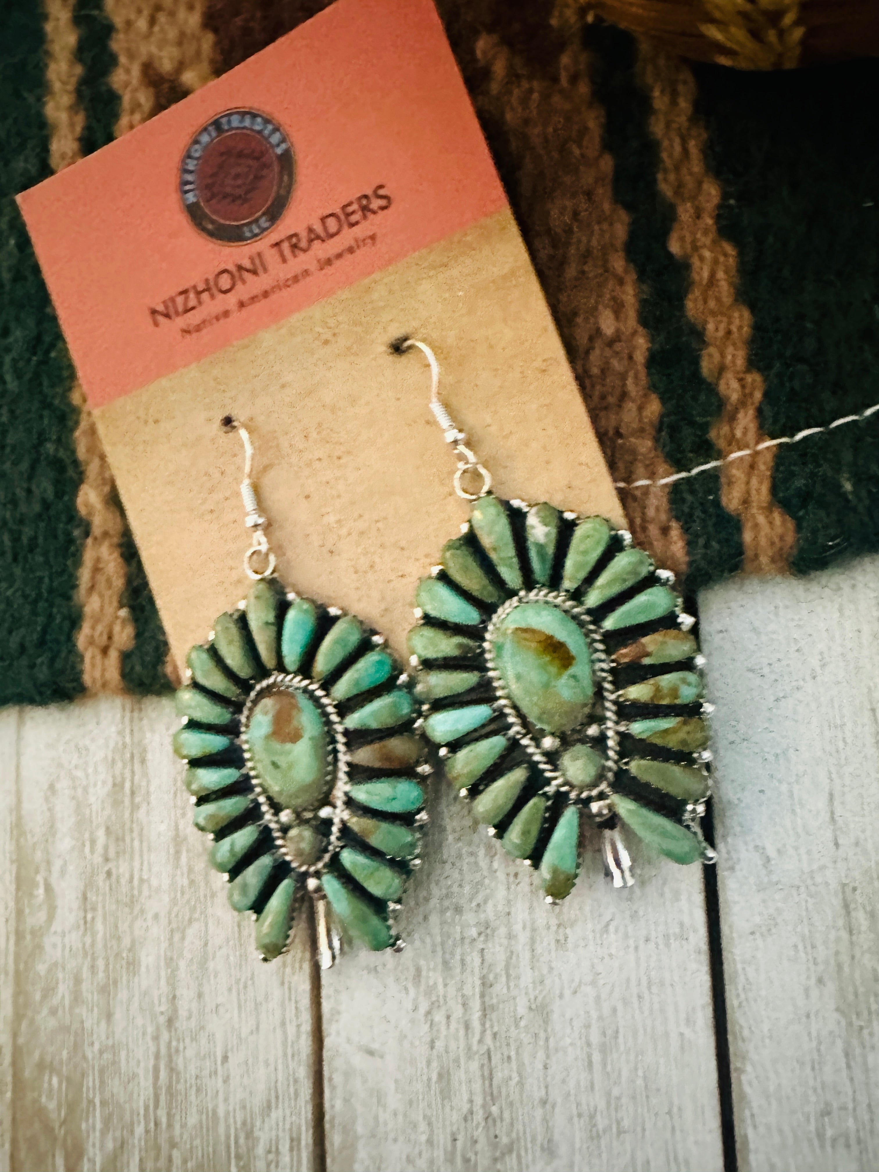 Navajo Royston Turquoise & Sterling Silver Cluster Blossom Dangle Earrings