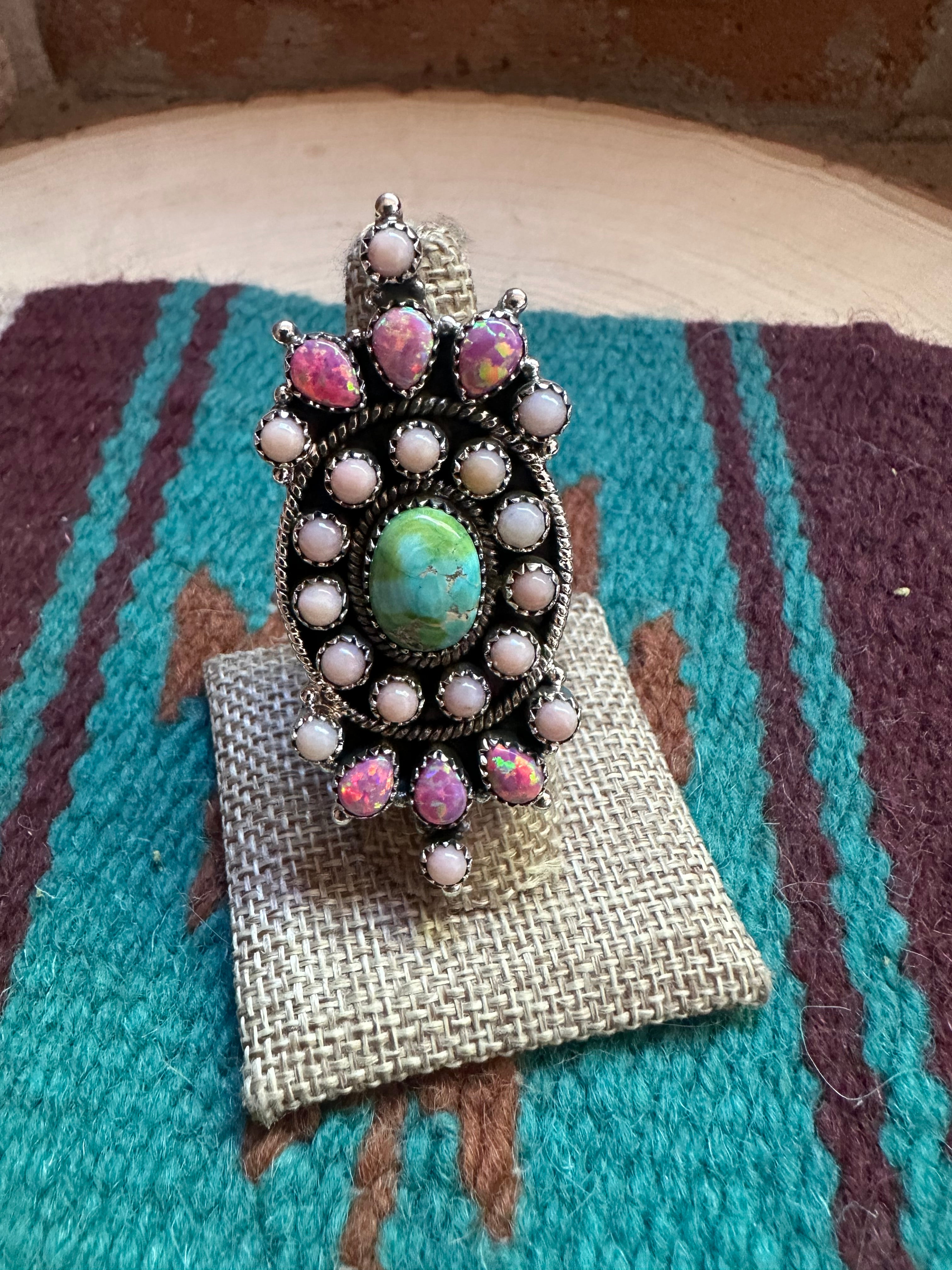 Handmade Sonoran Turquoise, Pink Conch, Pink Fire Opal & Sterling Silver Adjustable Ring Signed Nizhoni