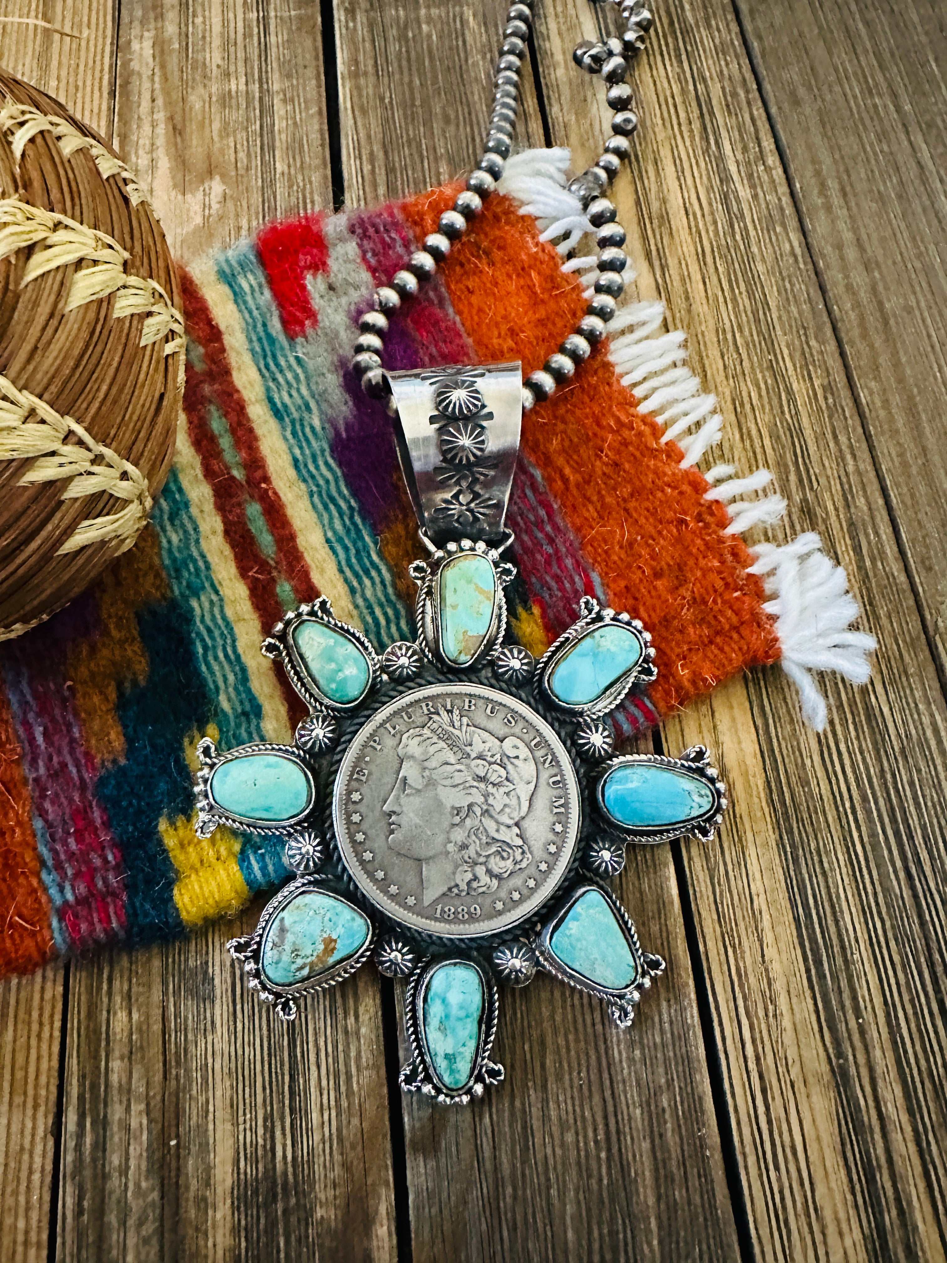 Handcrafted Sterling Silver & Turquoise Morgan Dollar Pendant by Rosella Paxson