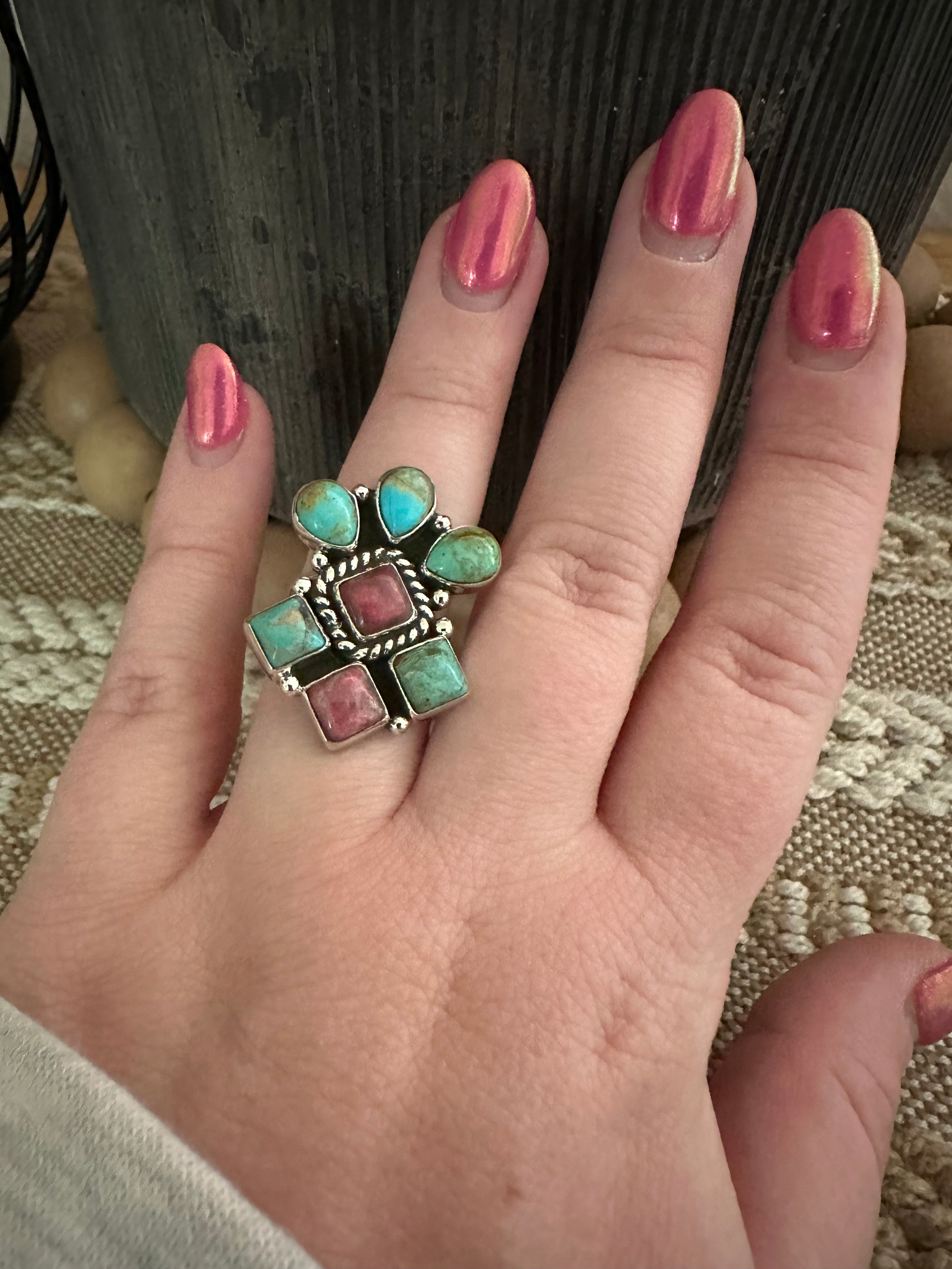 Beautiful Handmade Turquoise, Rhodonite And Sterling Silver Adjustable Ring