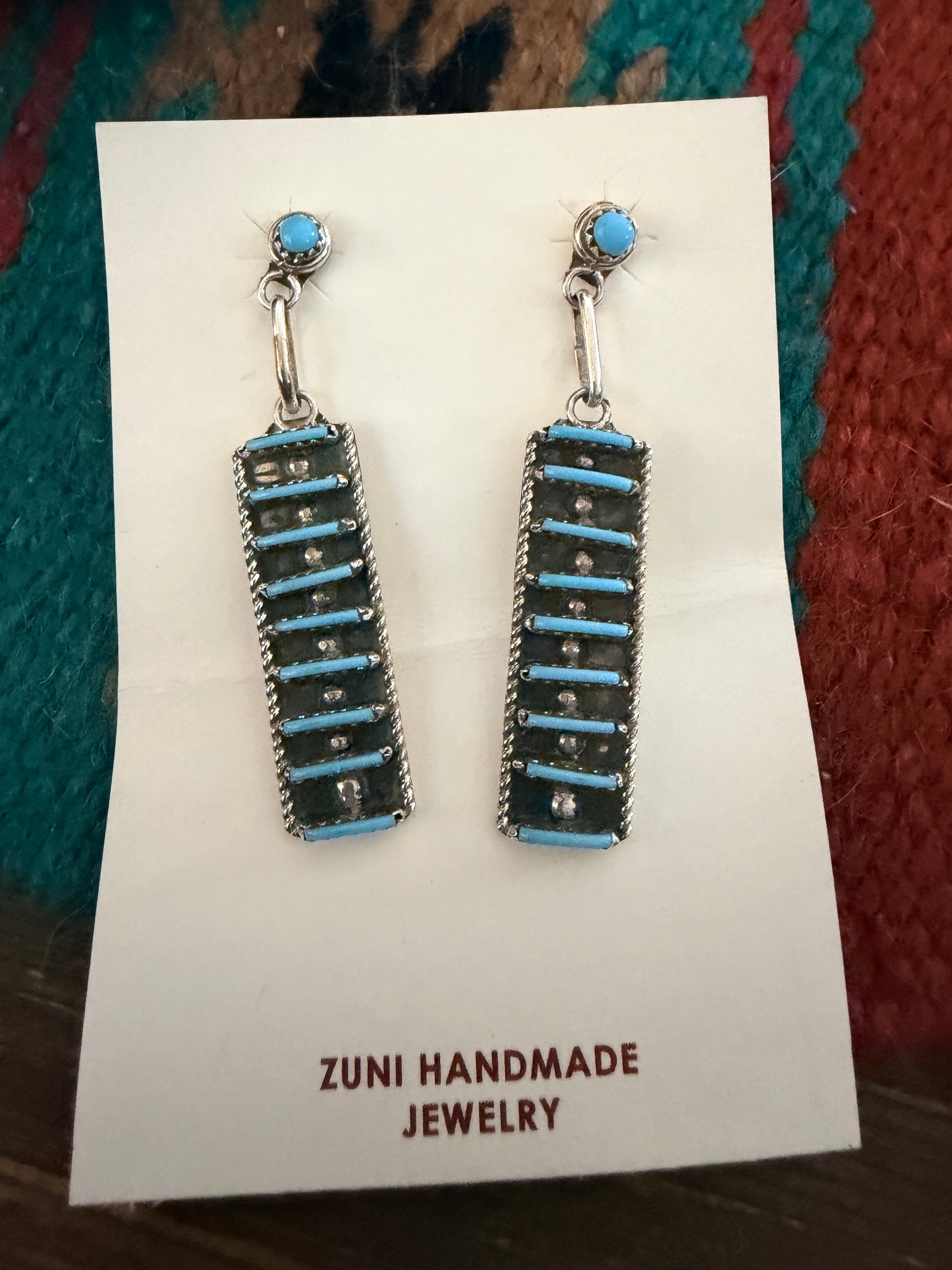 Handcrafted Turquoise & Sterling Silver Needlepoint Dangle Earrings