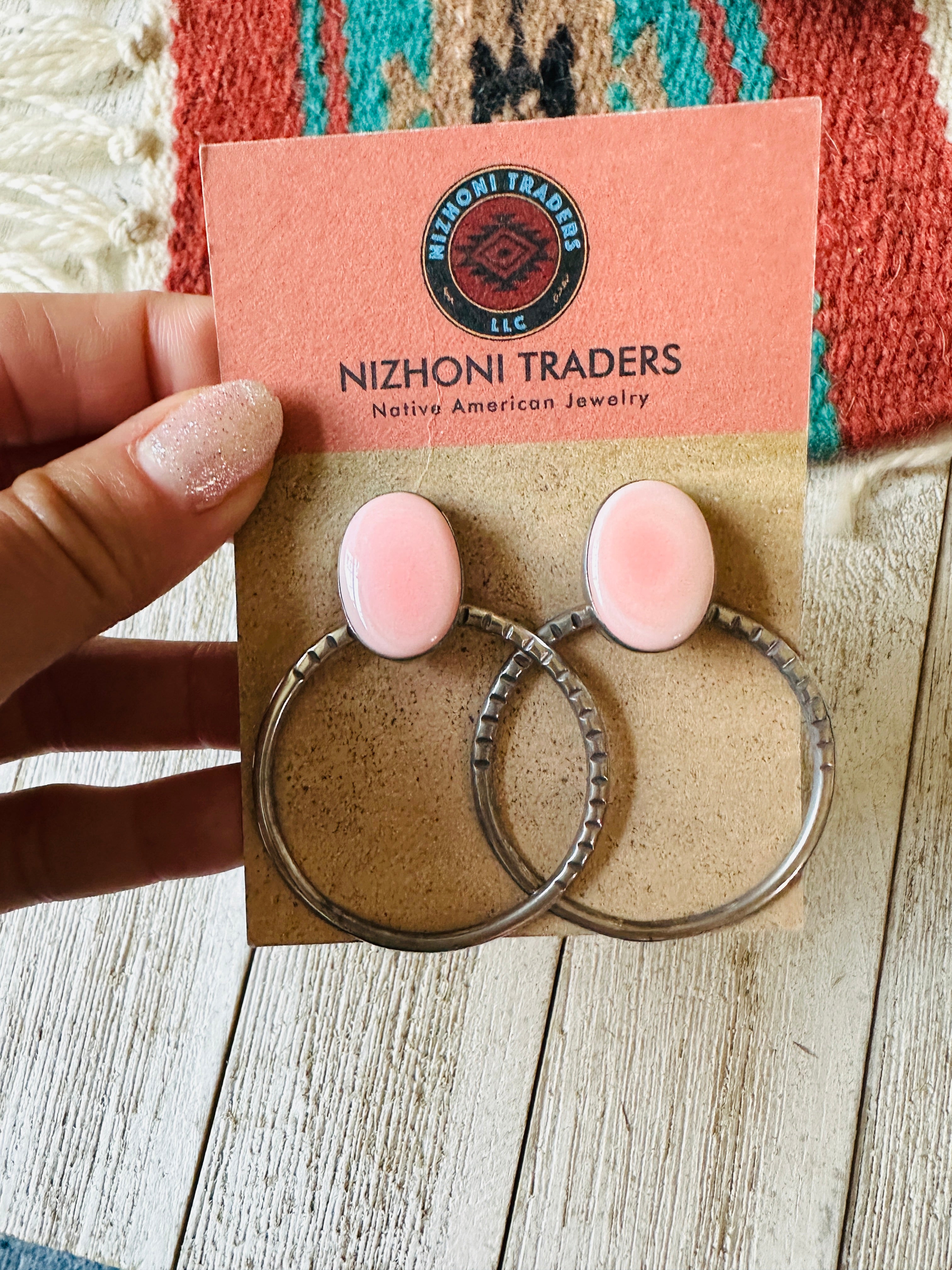 Navajo Queen Pink Conch & Sterling Silver Hoop Earrings