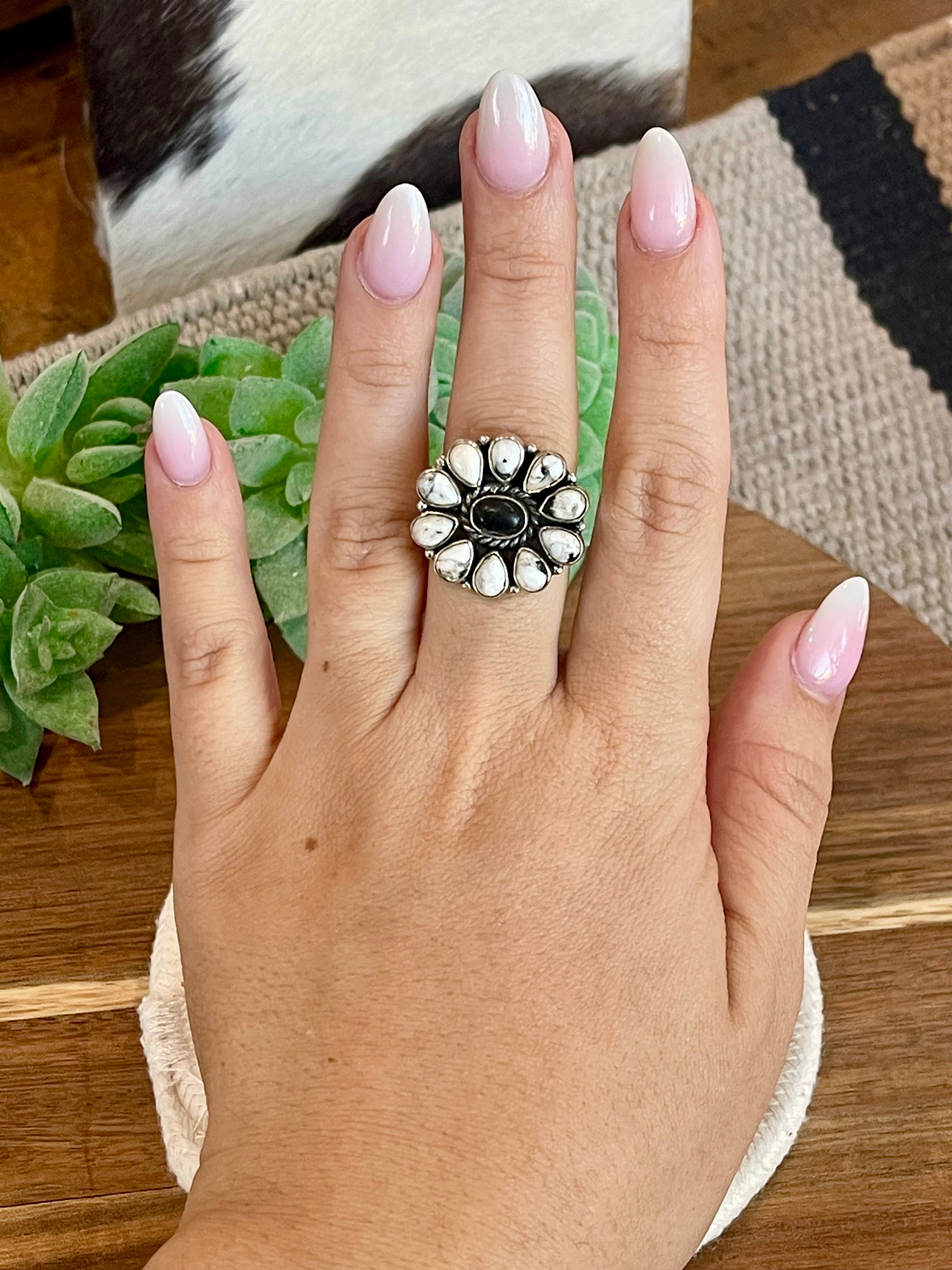 Beautiful Handmade White Buffalo And Sterling Silver Adjustable Cluster Ring