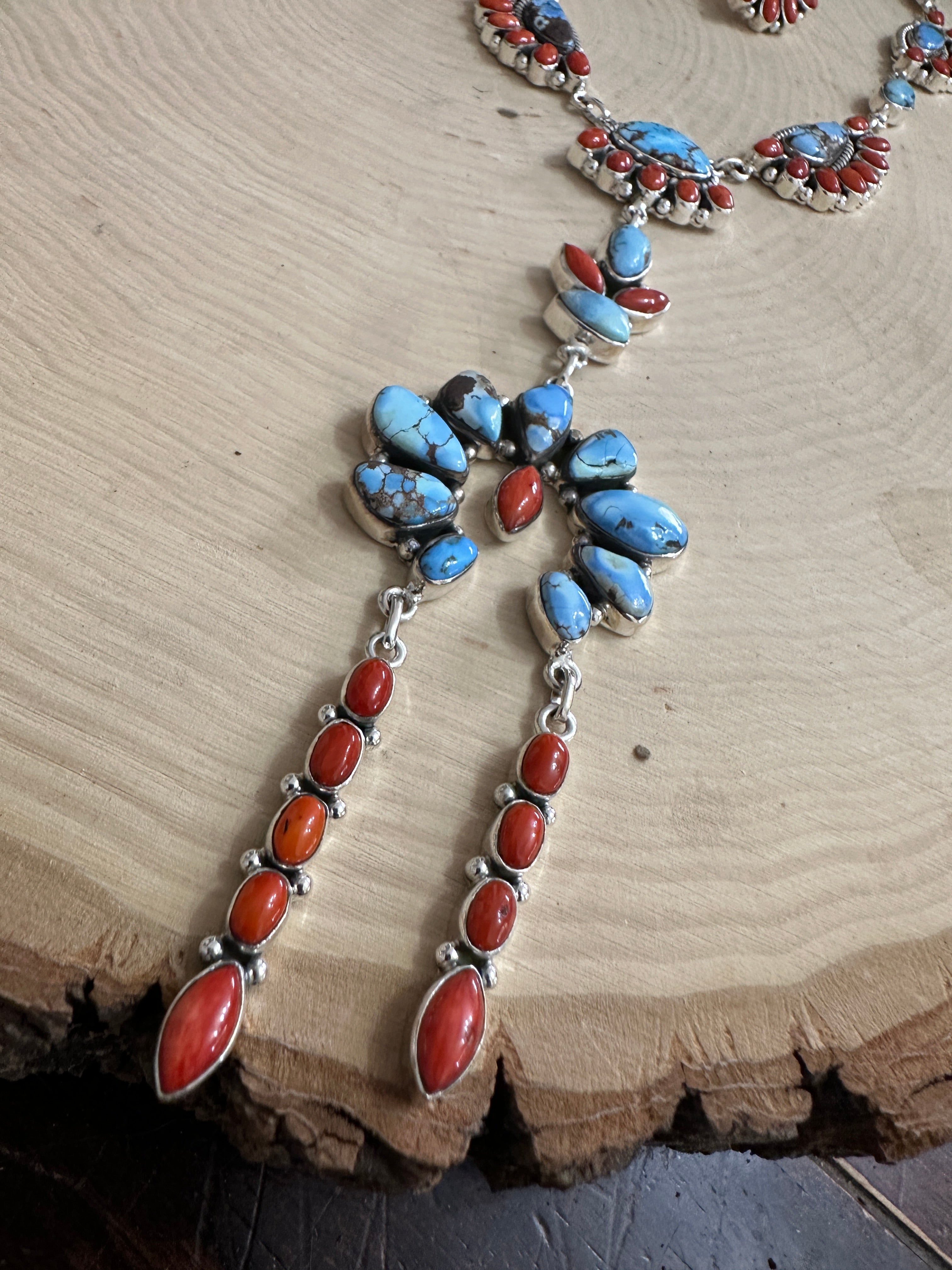 Handmade Sterling Silver, Golden Hills Turquoise & Coral Lariat Necklace SET