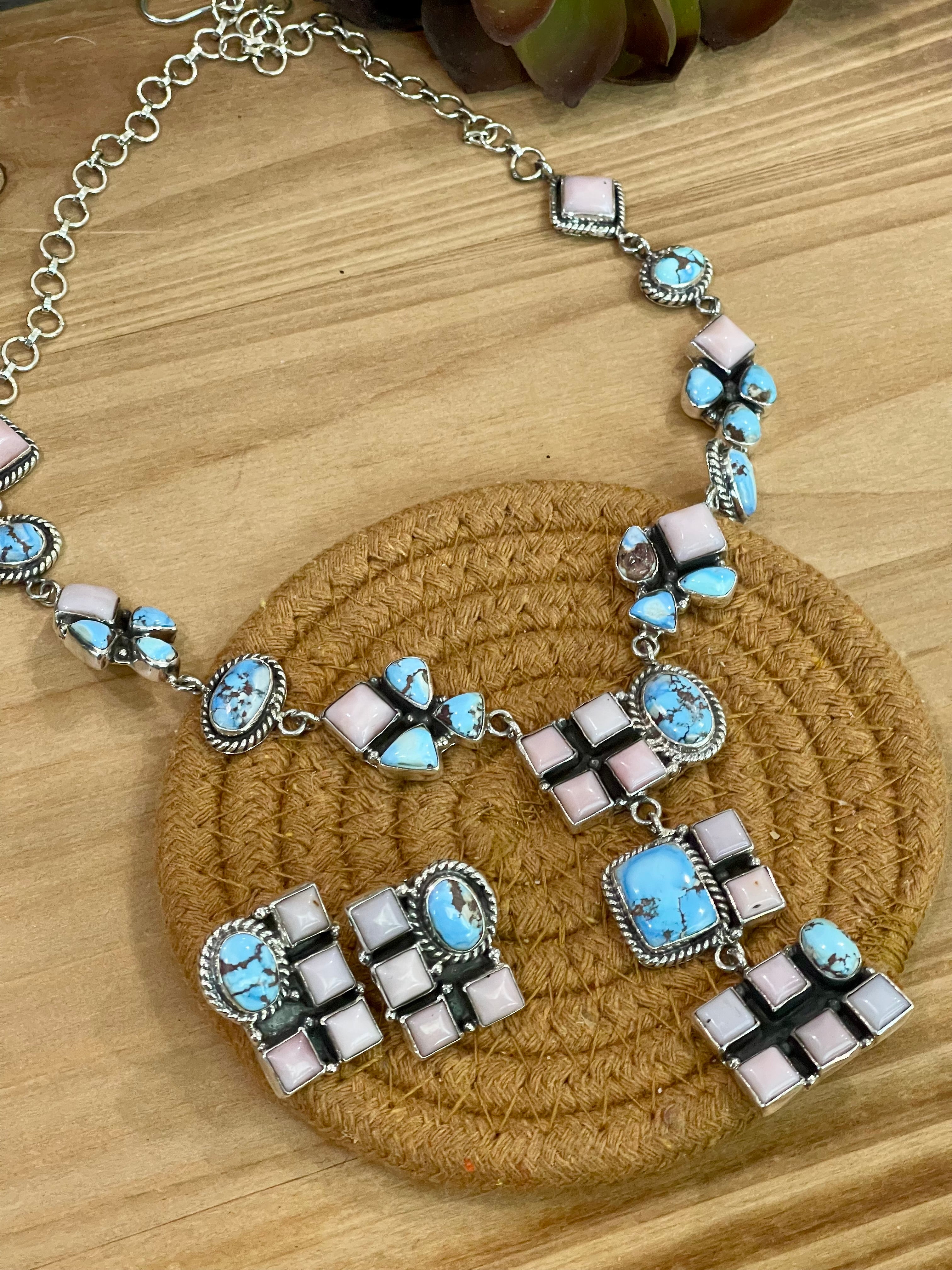 Beautiful Handmade Sterling Silver Golden Hills Turquoise Pink Opal Necklace Set