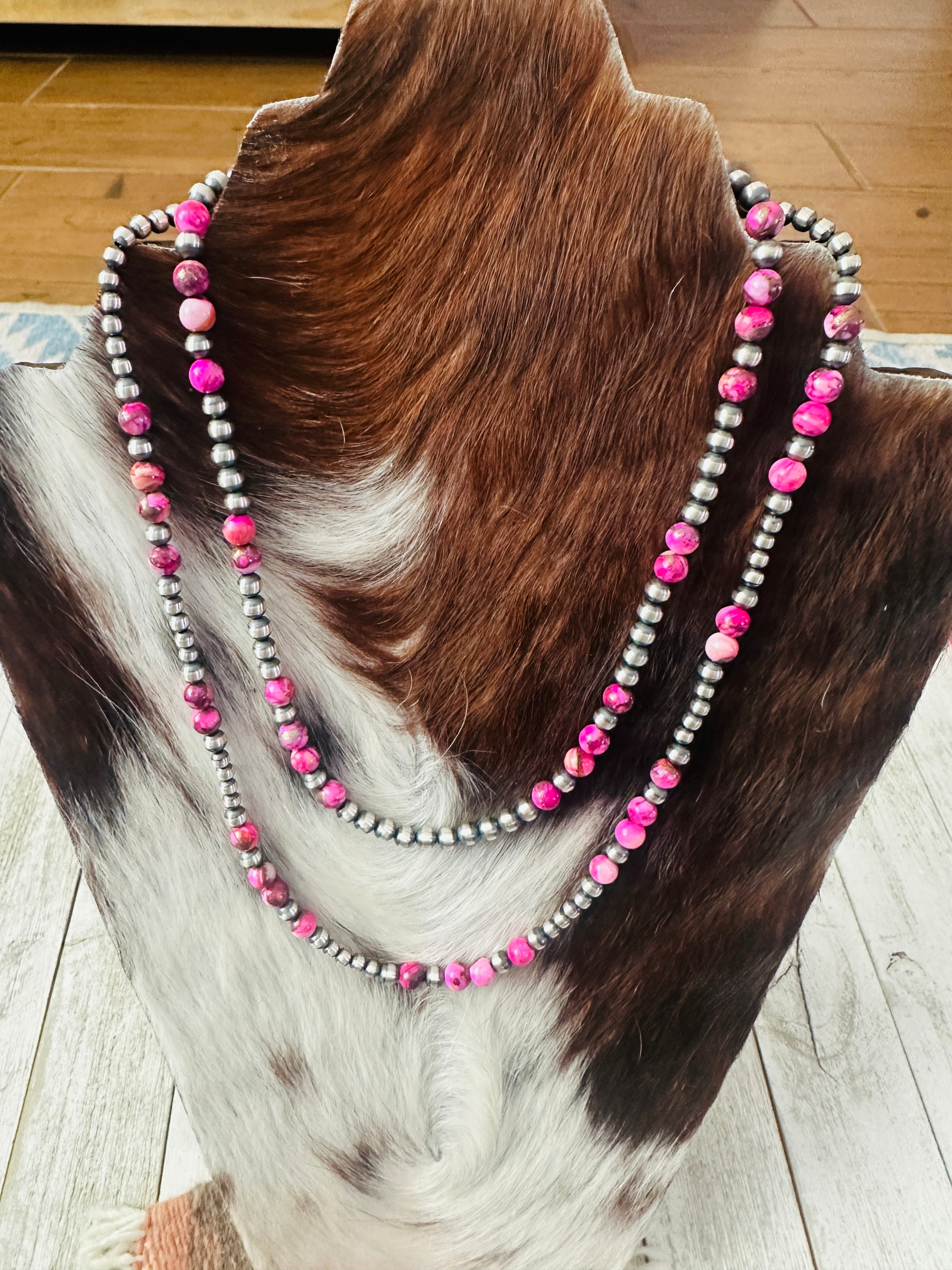 Handcrafted Sterling Silver & Pink Mojave Beaded Necklace