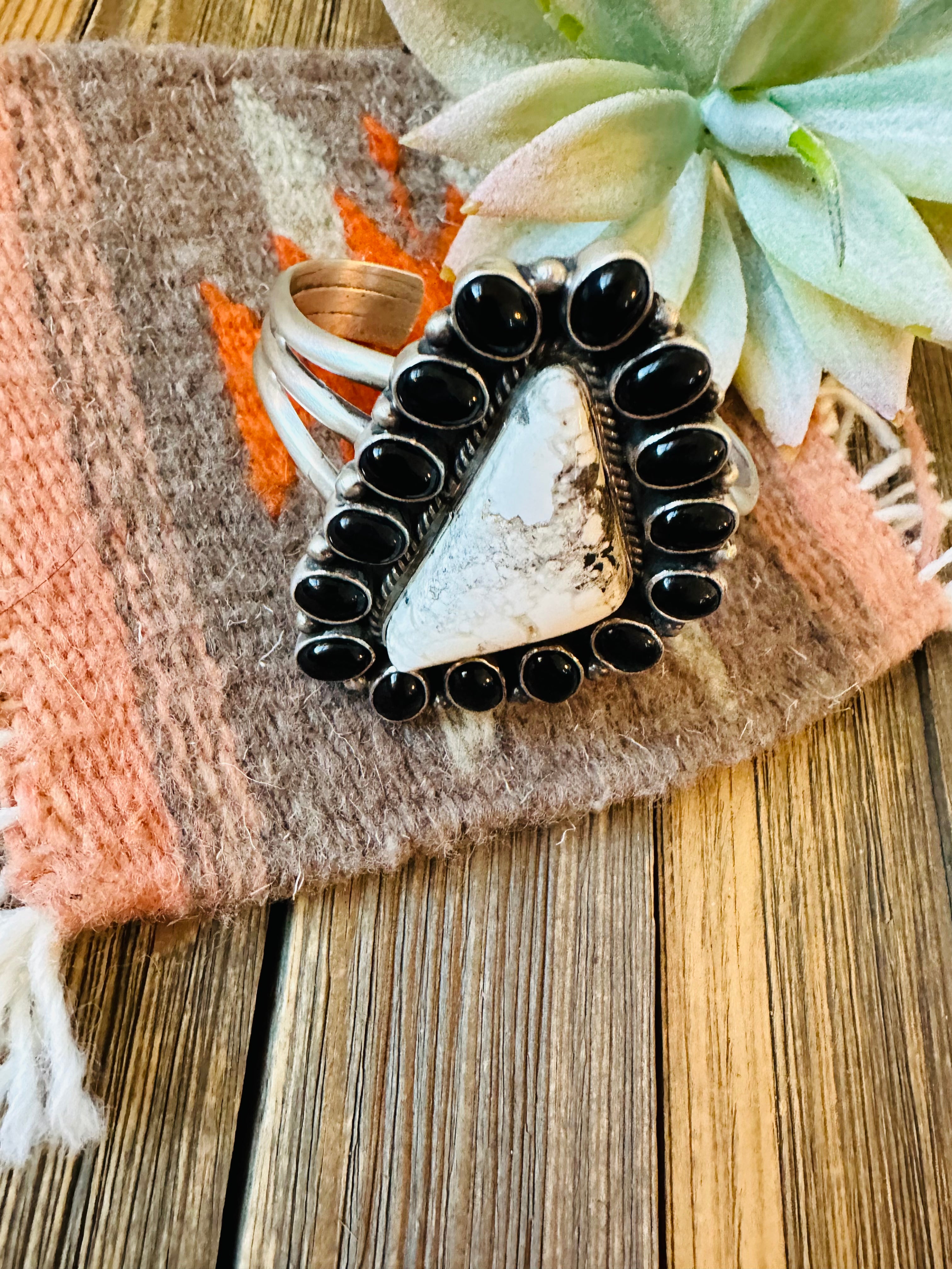 Navajo White Buffalo, Onyx & Sterling Silver Cuff Bracelet