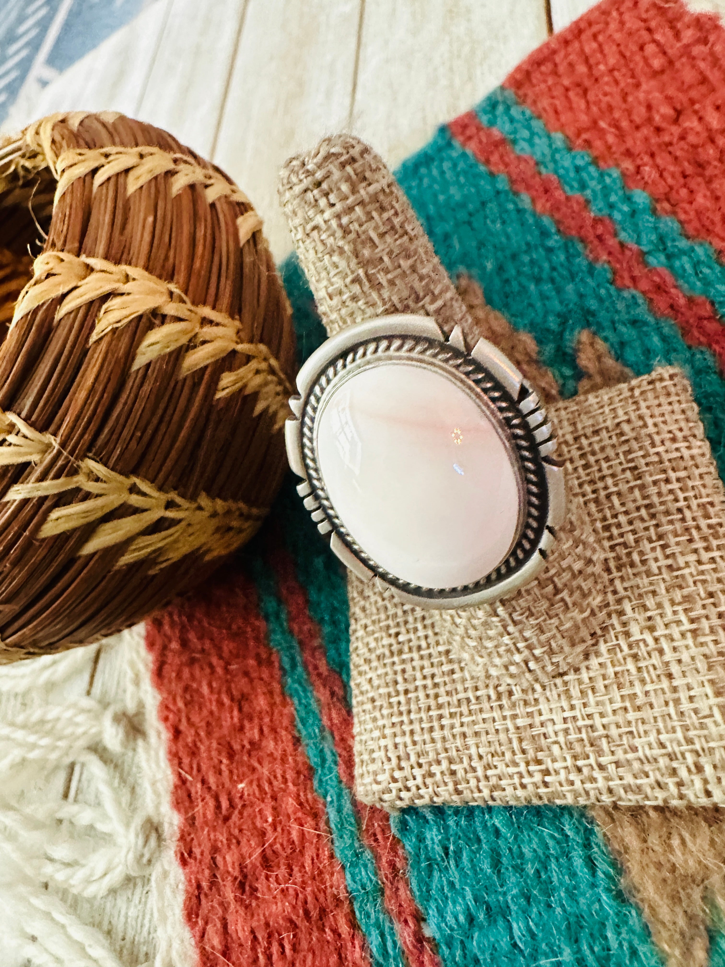 Handcrafted Queen Pink Conch & Sterling Silver Adjustable Ring