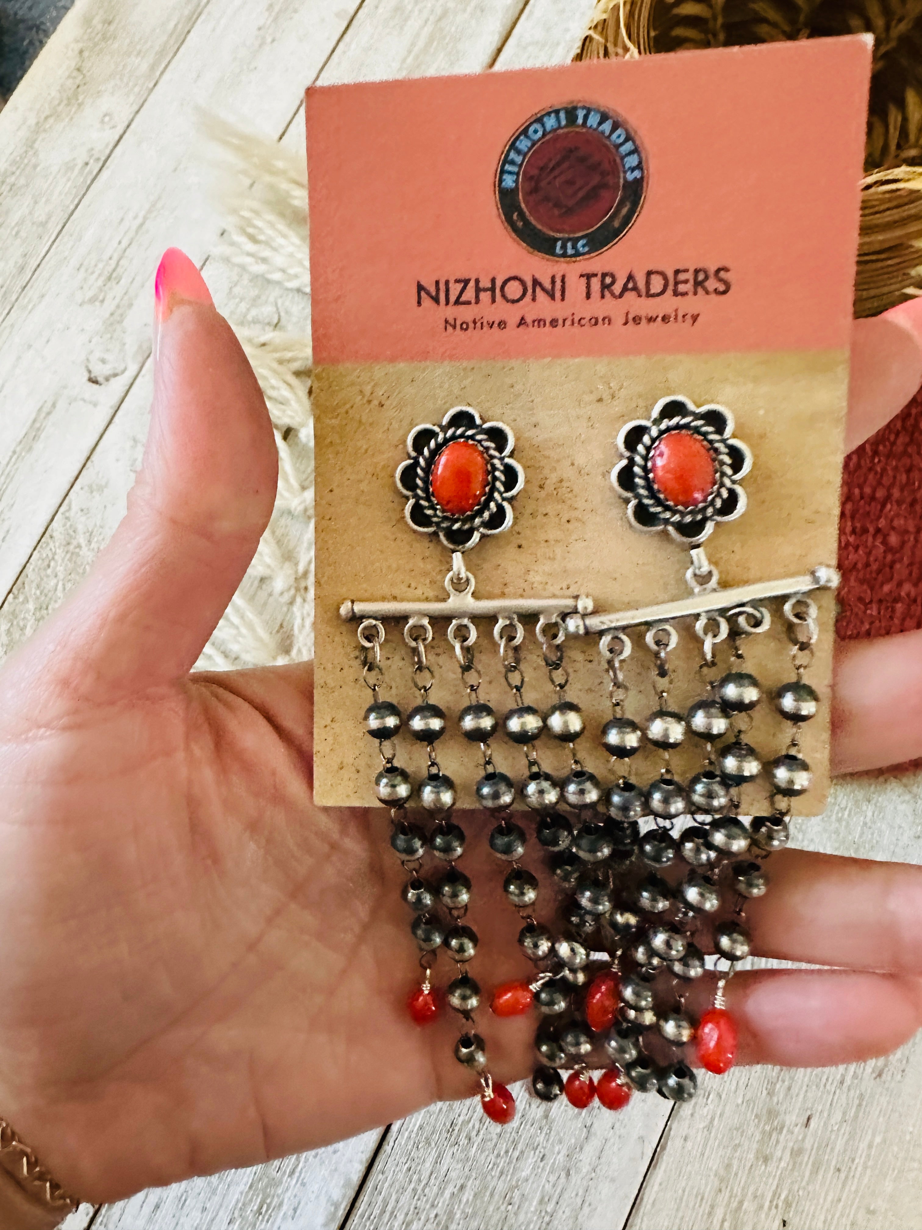 Handcrafted Coral  & Sterling Silver Pearl Beaded Tassel Dangle Earrings