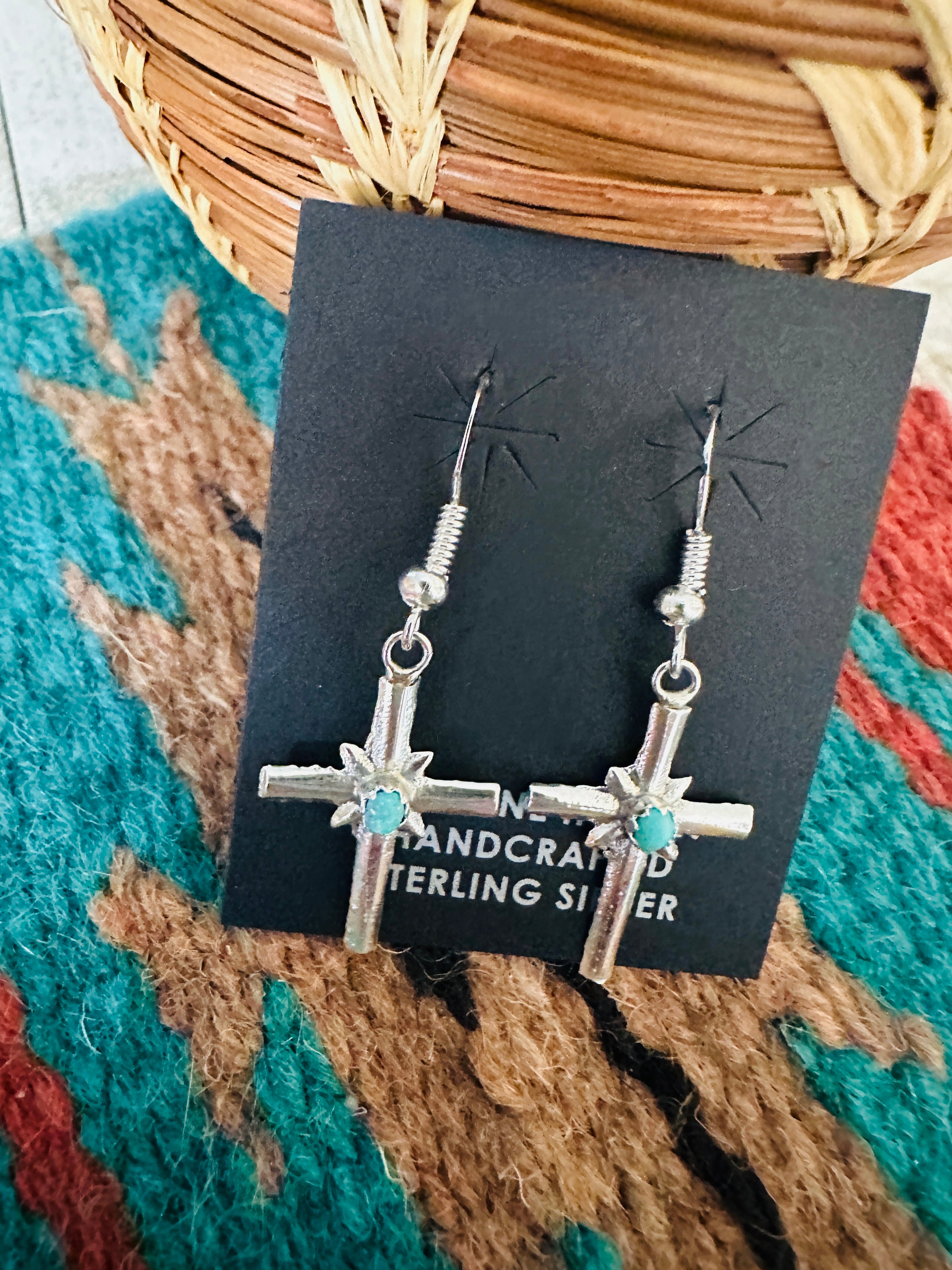 Navajo Sterling Silver & Turquoise Cross Dangle Earrings