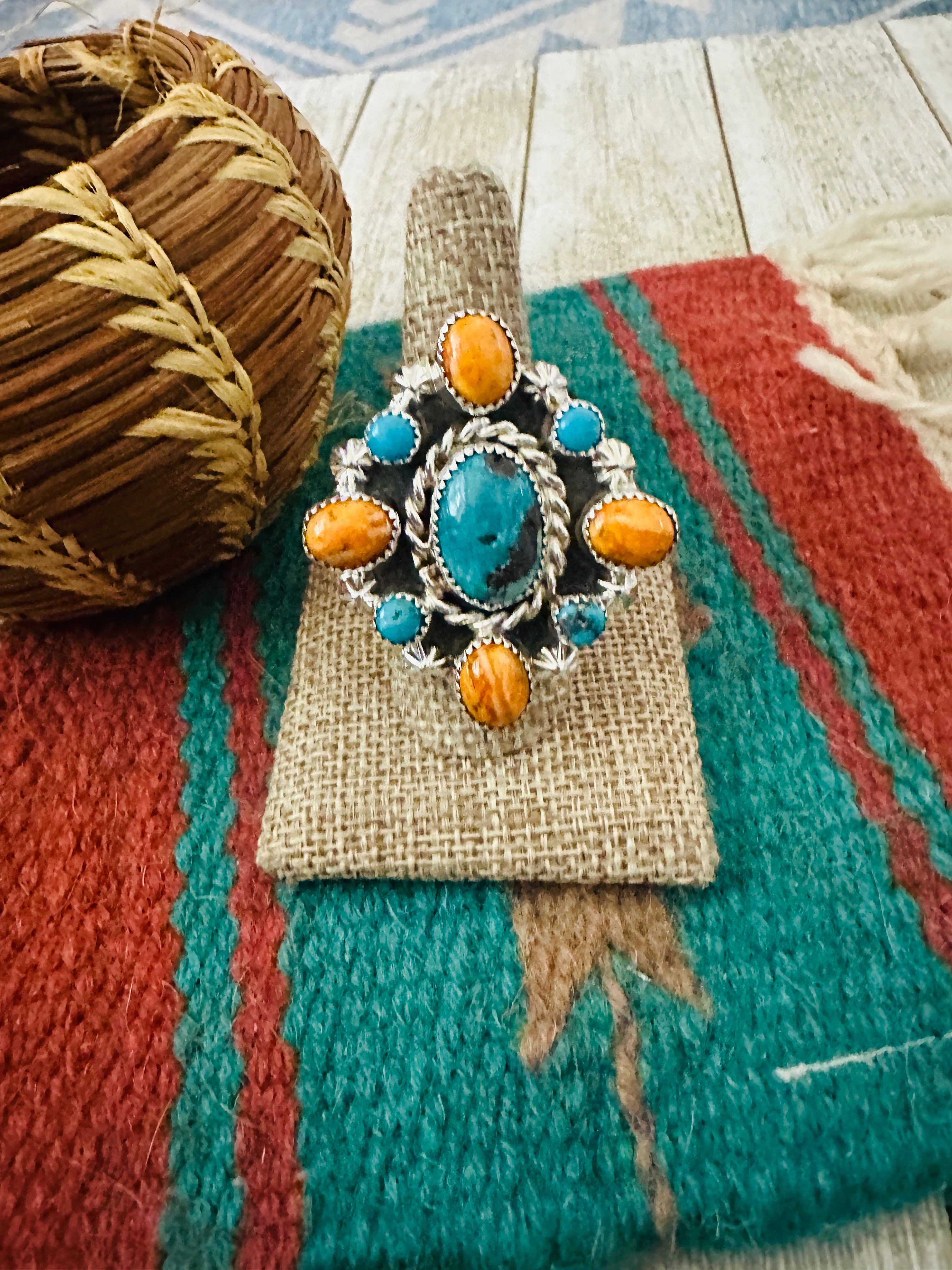 Handcrafted Turquoise, Spiny & Sterling Silver Cluster Ring size 9.5