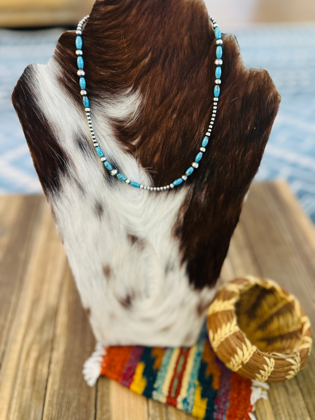 Handcrafted Turquoise & Sterling Silver Pearl 16” Beaded Necklace