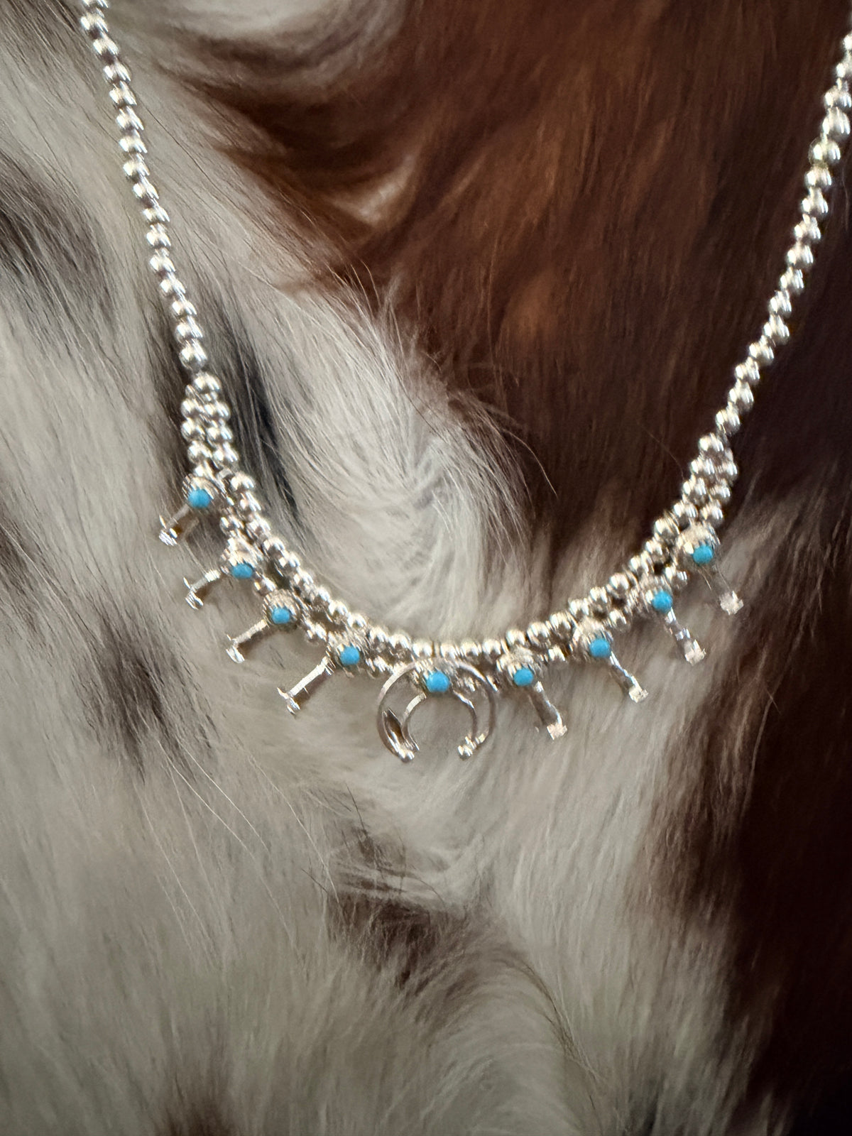 Handcrafted Turquoise & Sterling Silver Beaded Mini Squash Blossom Necklace