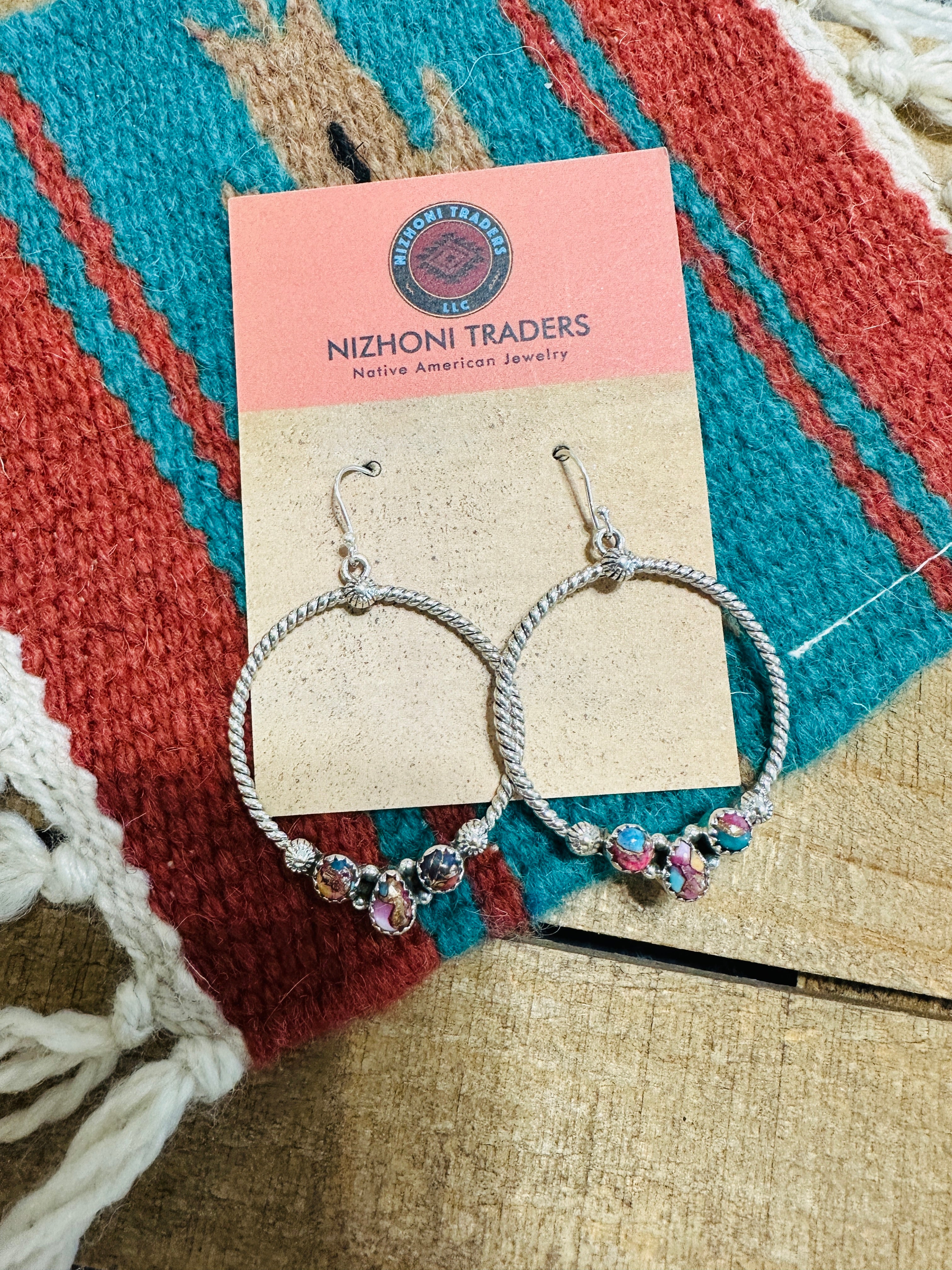 Handmade Pink Dream Mojave & Sterling Silver Dangle Hoop Earrings Signed Nizhoni