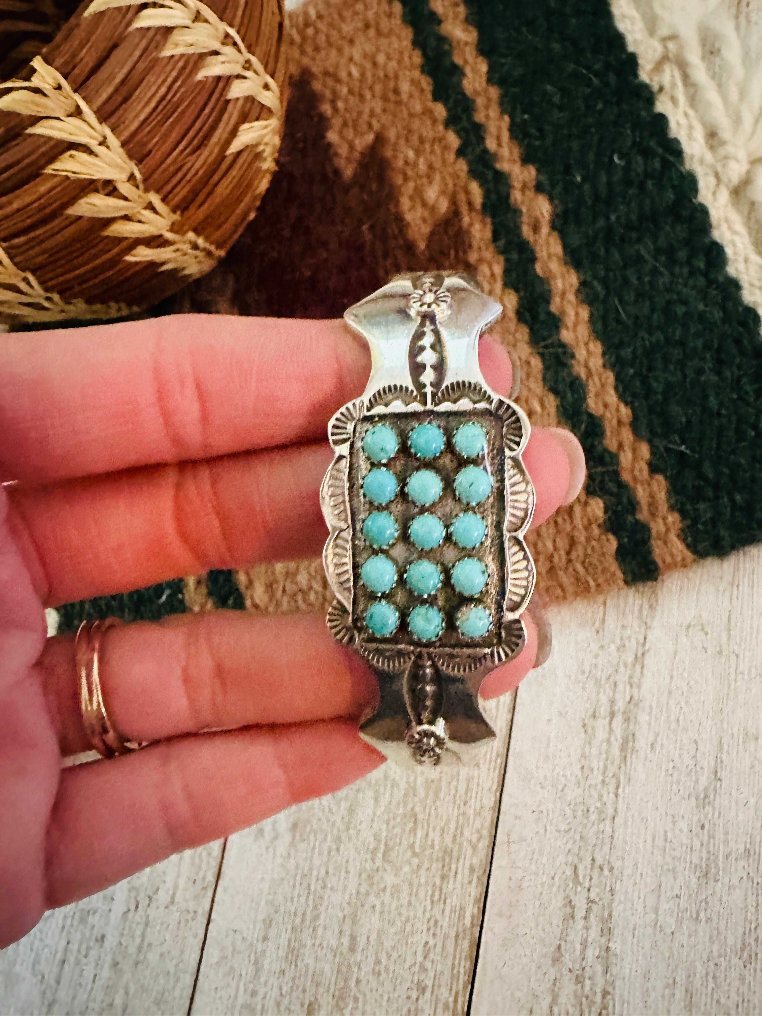 Navajo Turquoise & Sterling Silver Cluster Cuff Bracelet