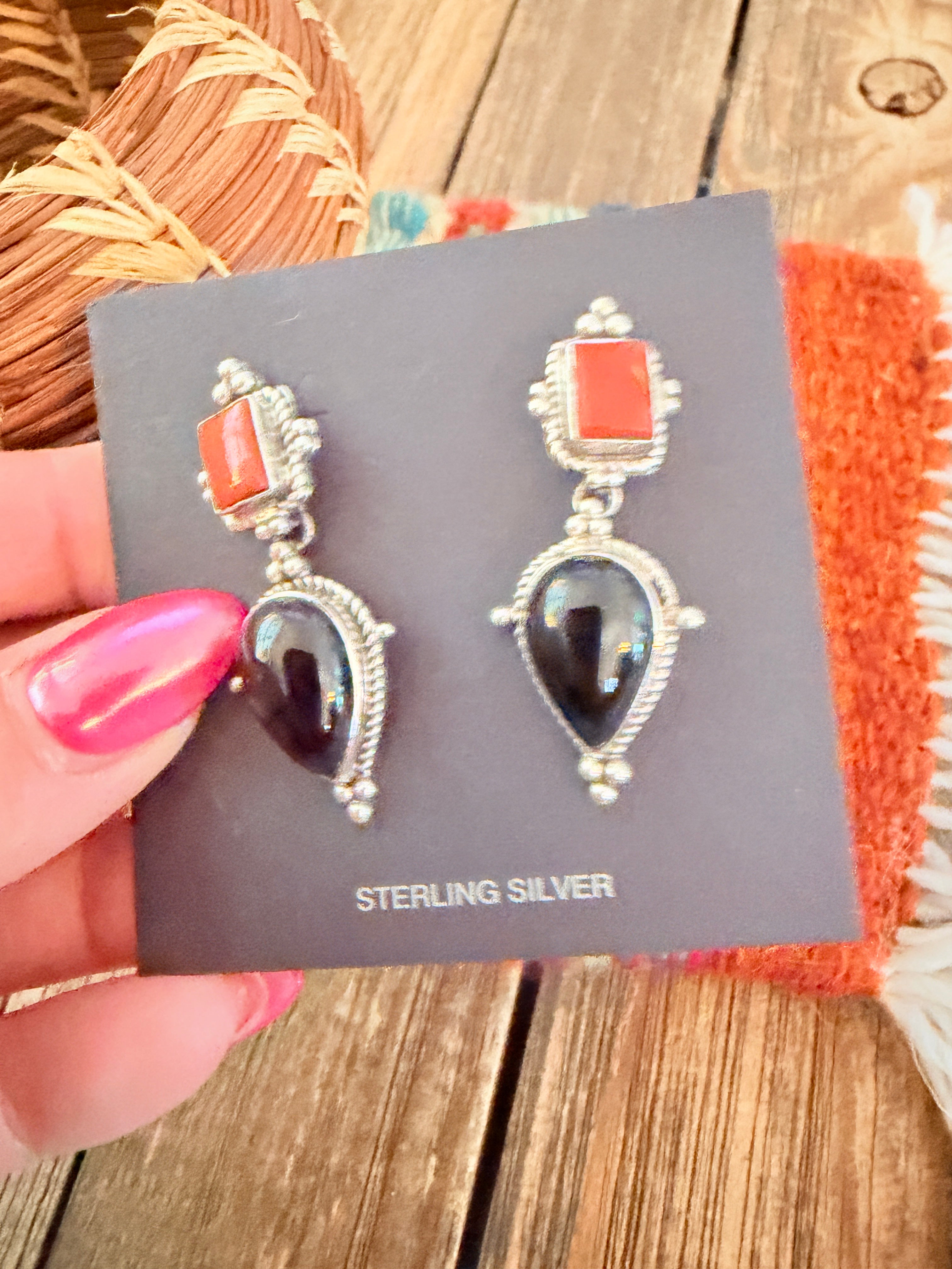 Handcrafted Onyx, Coral & Sterling Silver Dangle Earrings