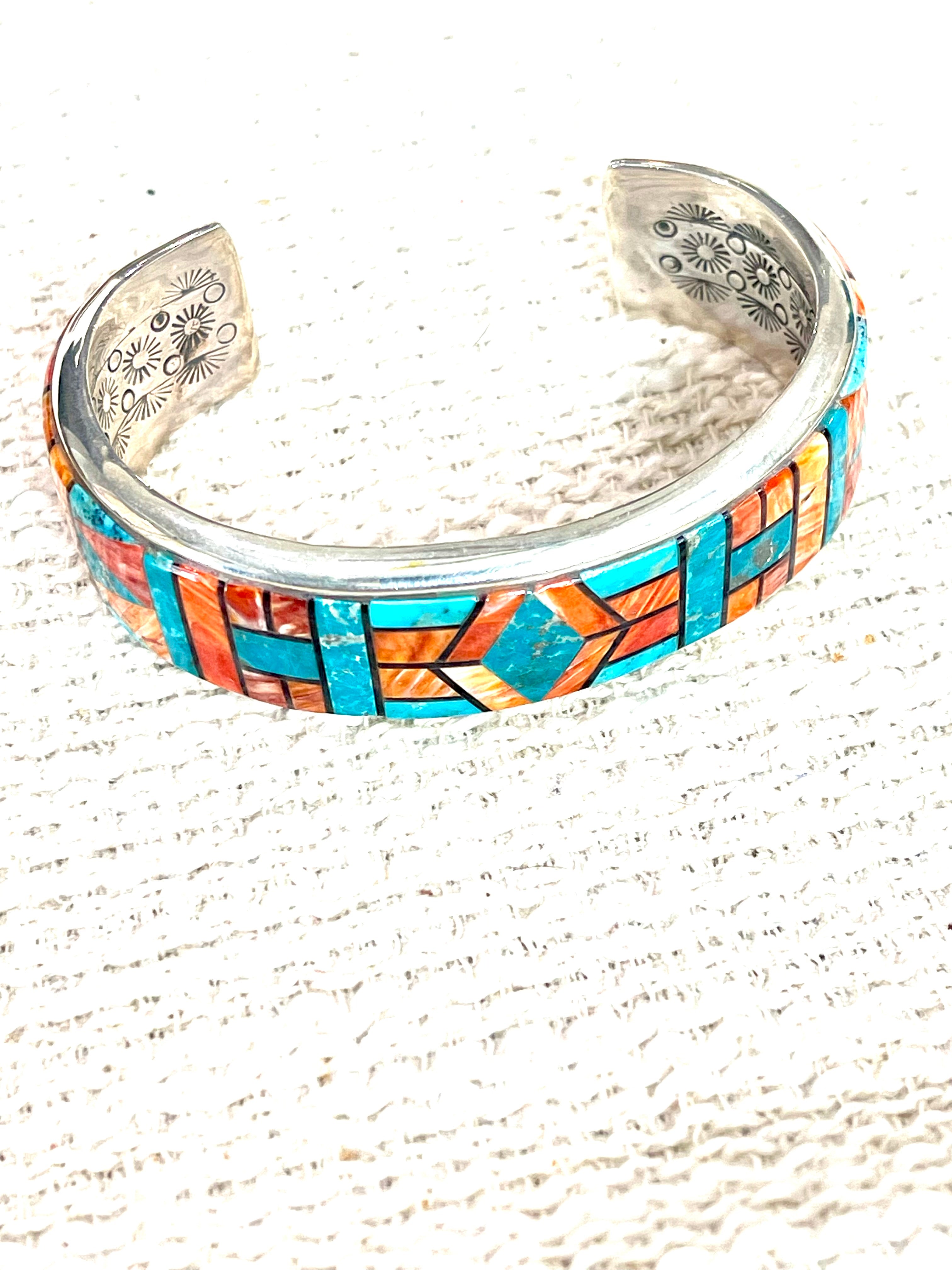 Gorgeous Handmade Sterling Silver & Multi Stone Inlay Cuff Bracelet