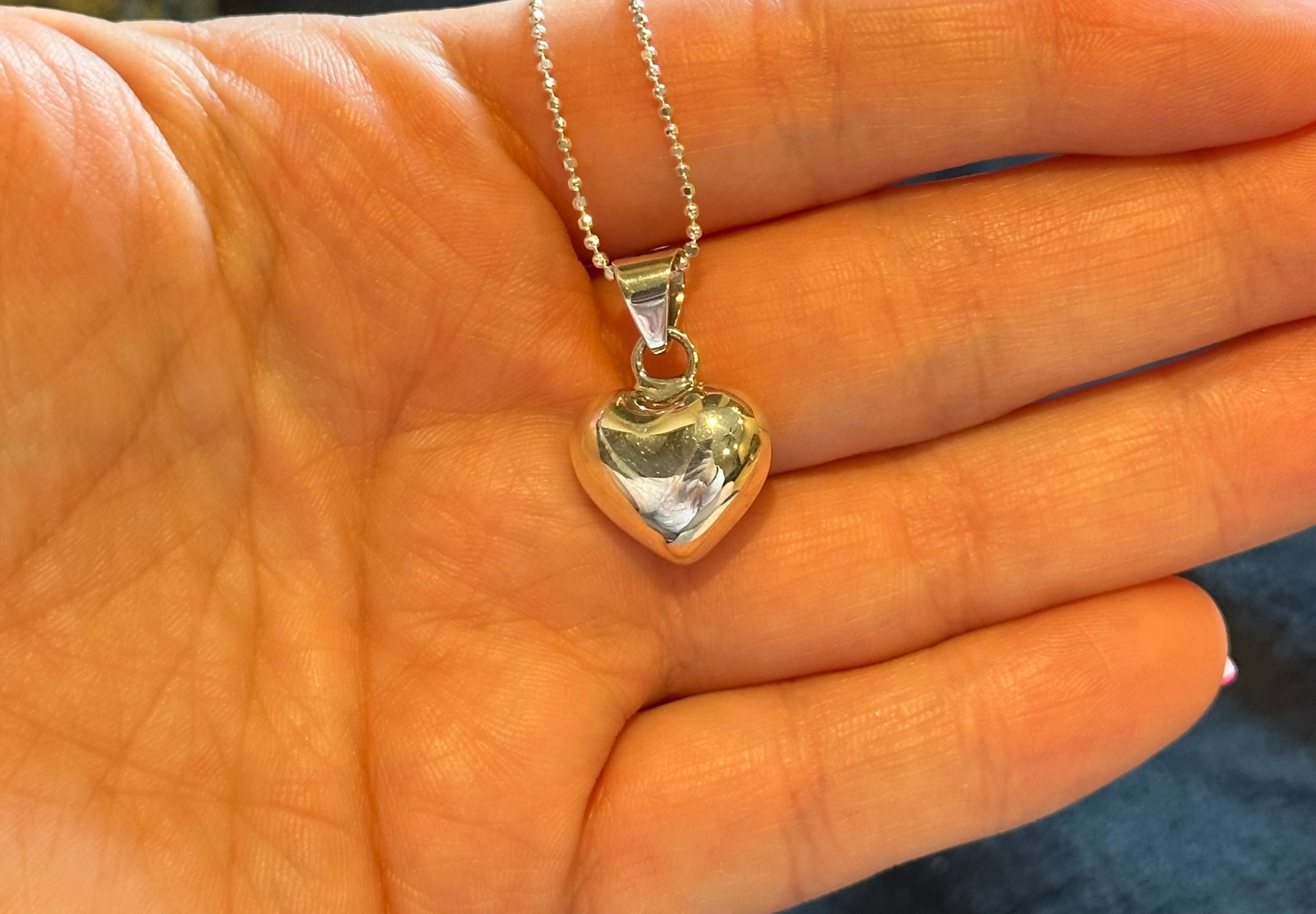 Large Puffed Heart Pendant Sterling Silver Necklace