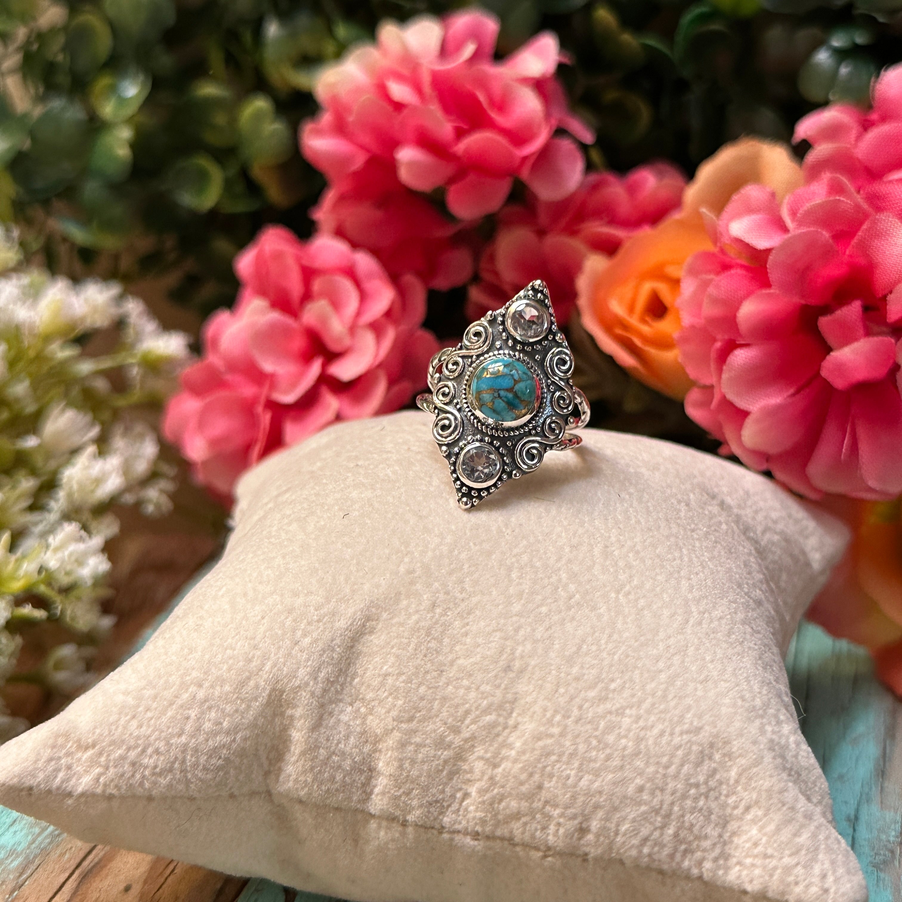 Sterling Silver Etched Copper Turquoise & Blue Topaz Ring Size 8