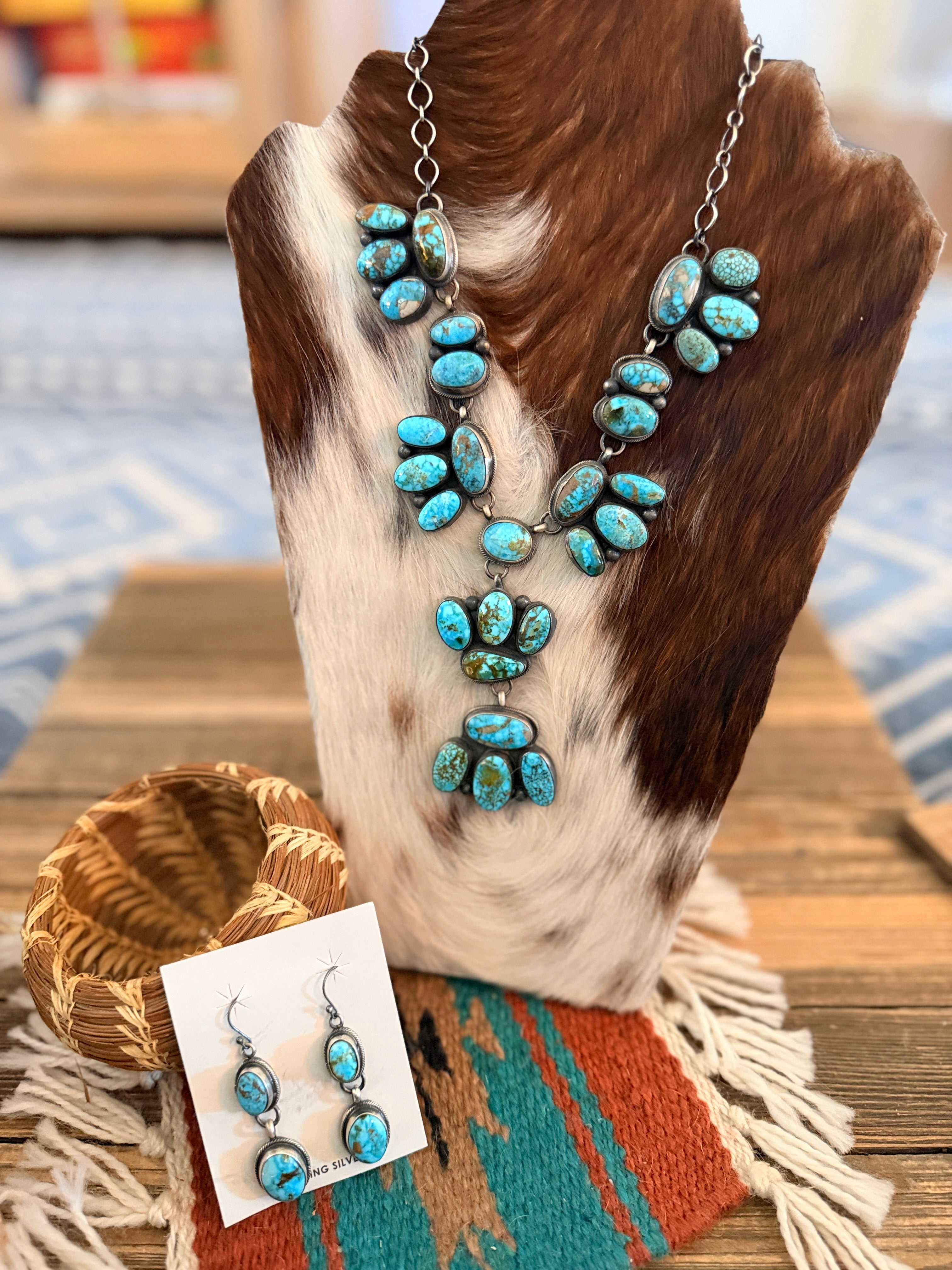 Handcrafted Blue Gem Turquoise & Sterling Silver Necklace and Earring Set by Bobby Johnson