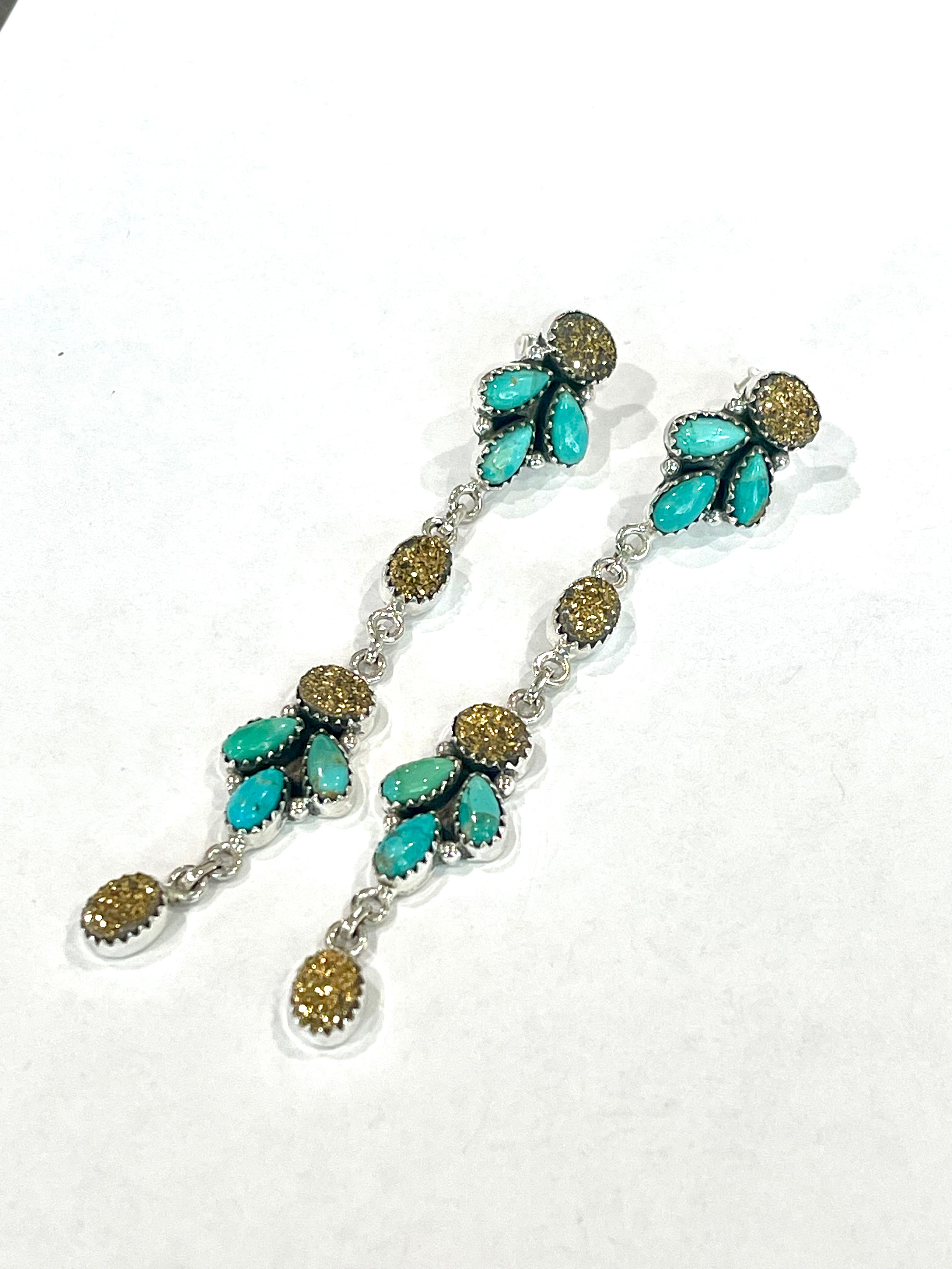 Handmade Sterling Silver Turquoise & Druzy Dangle Earrings