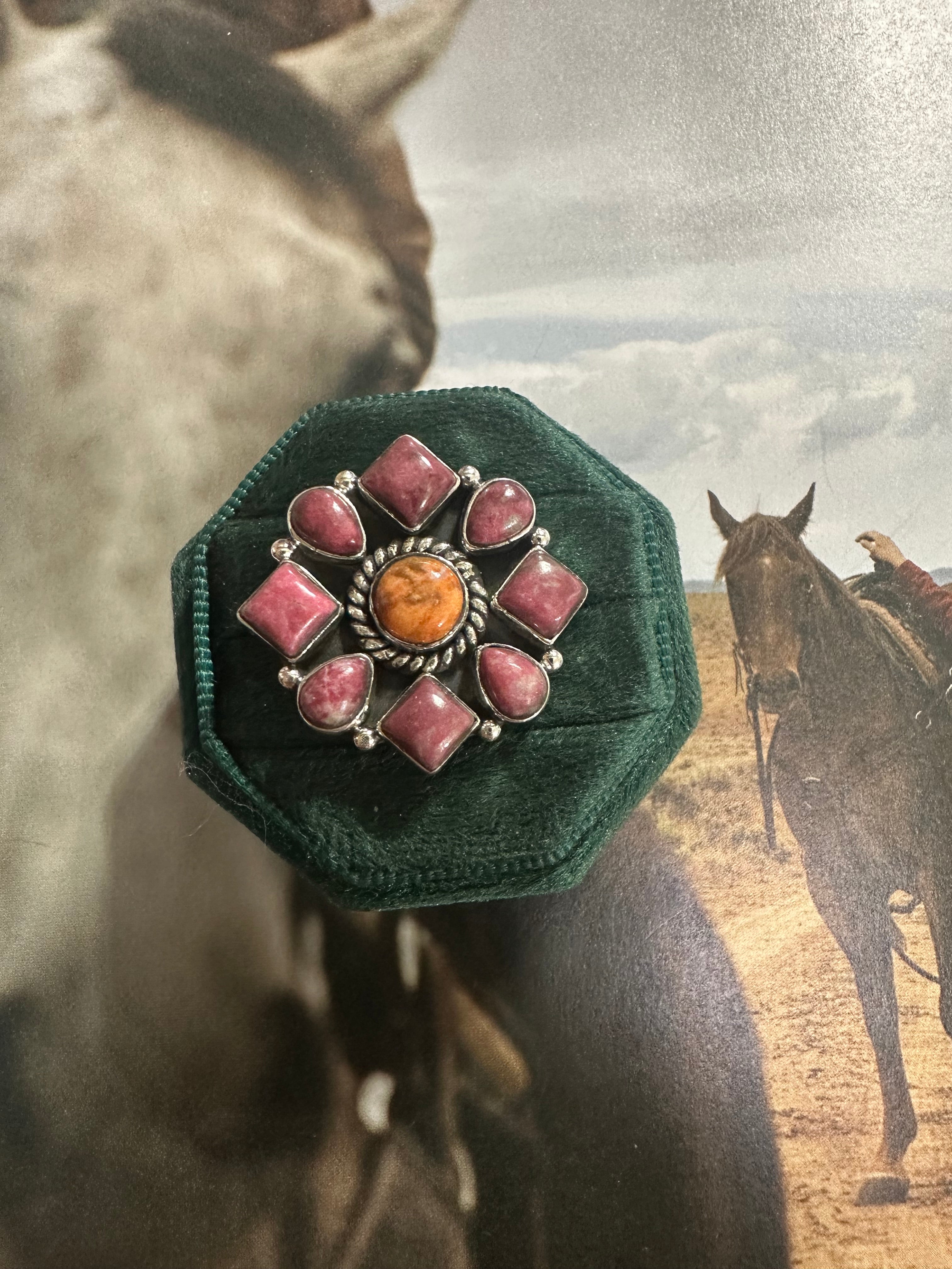 Handmade Rhodonite, Orange Mojave And Sterling Silver Adjustable Ring