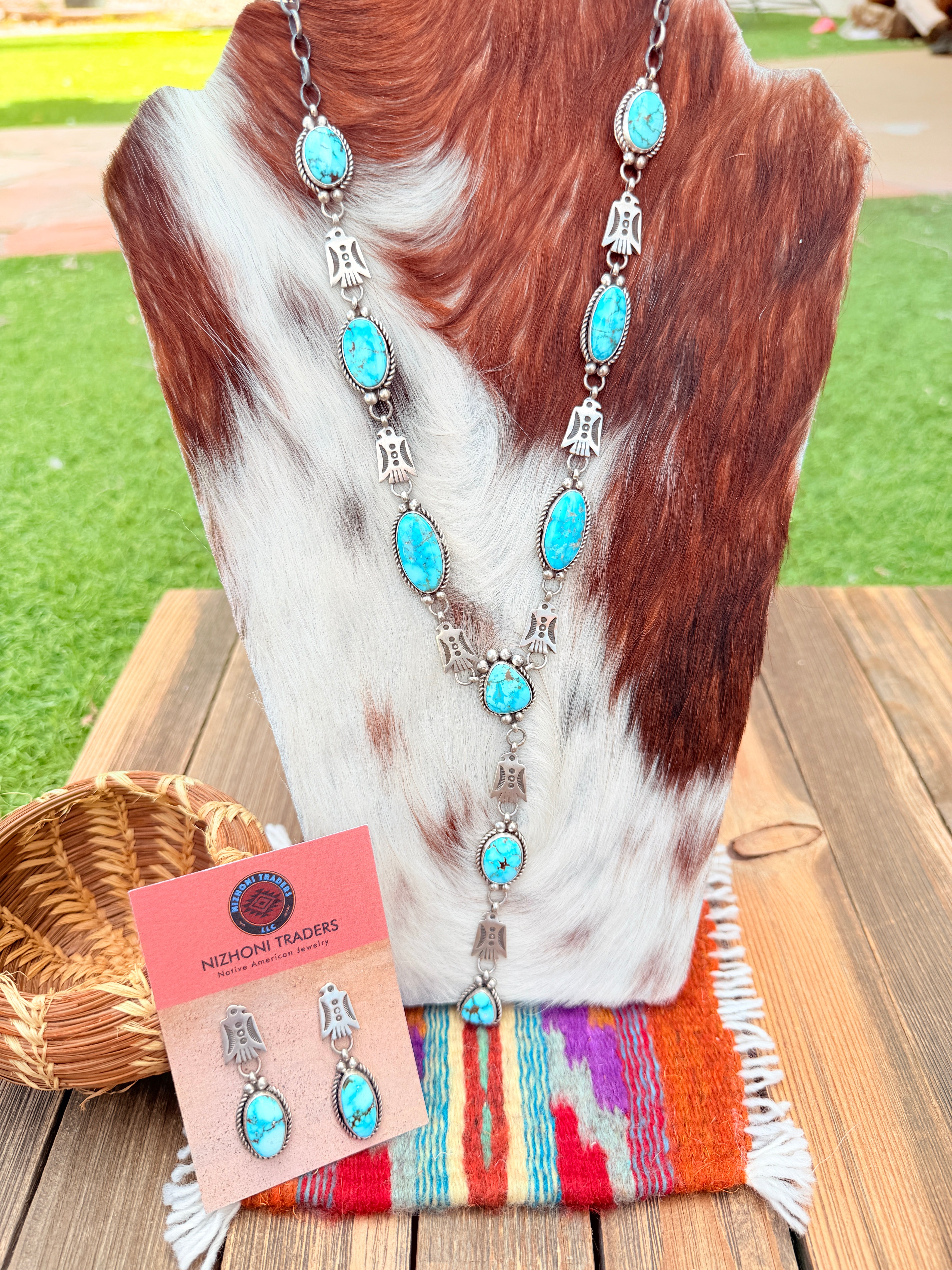 Handcrafted Turquoise & Sterling Silver Thunderbird Necklace and Earring Set by Fred Francis