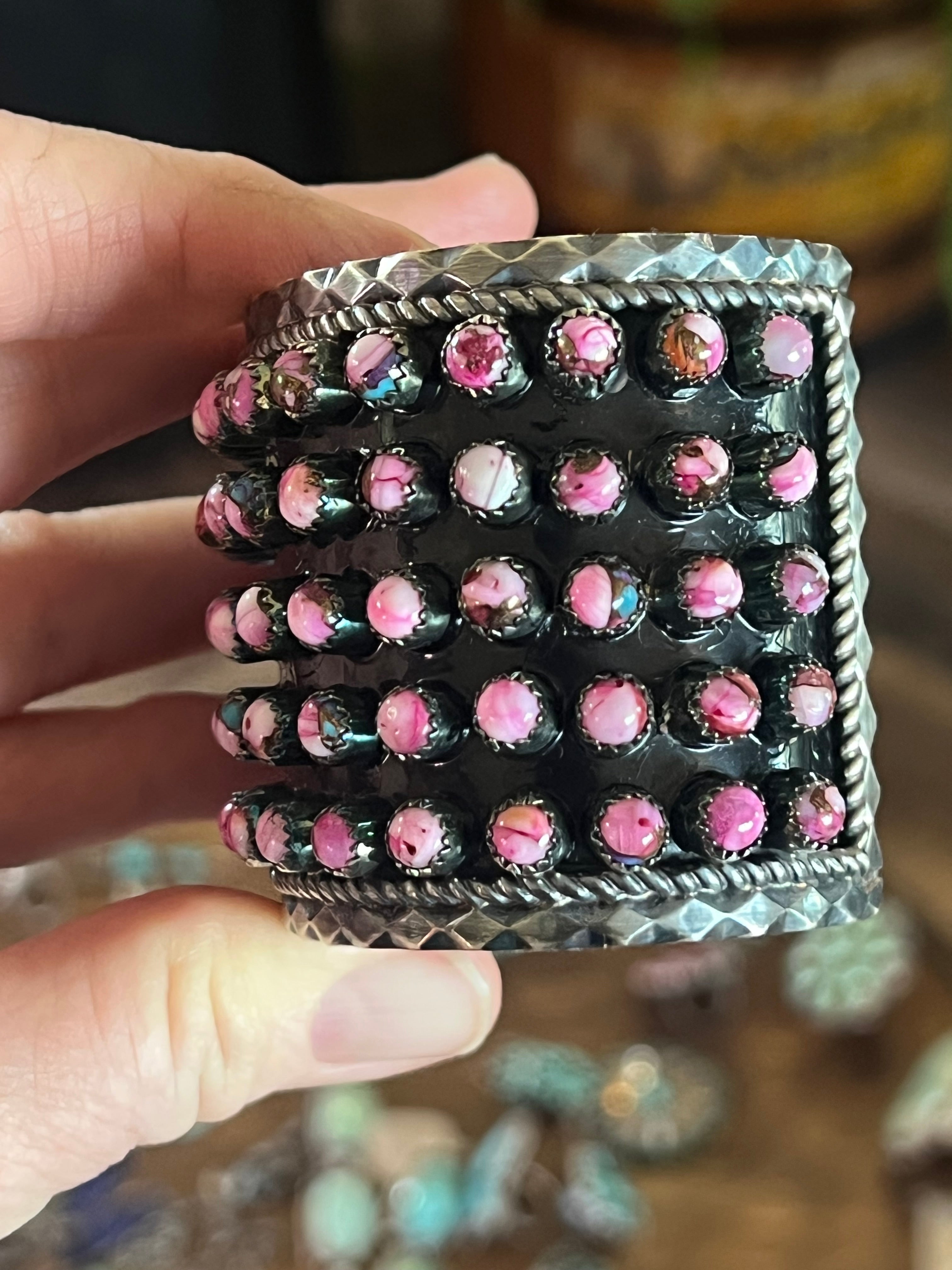 Handcrafted Sterling Silver and Pink Dream Mohave Snake Eye Style Five Row Cuff Bracelet, Signed BJ /