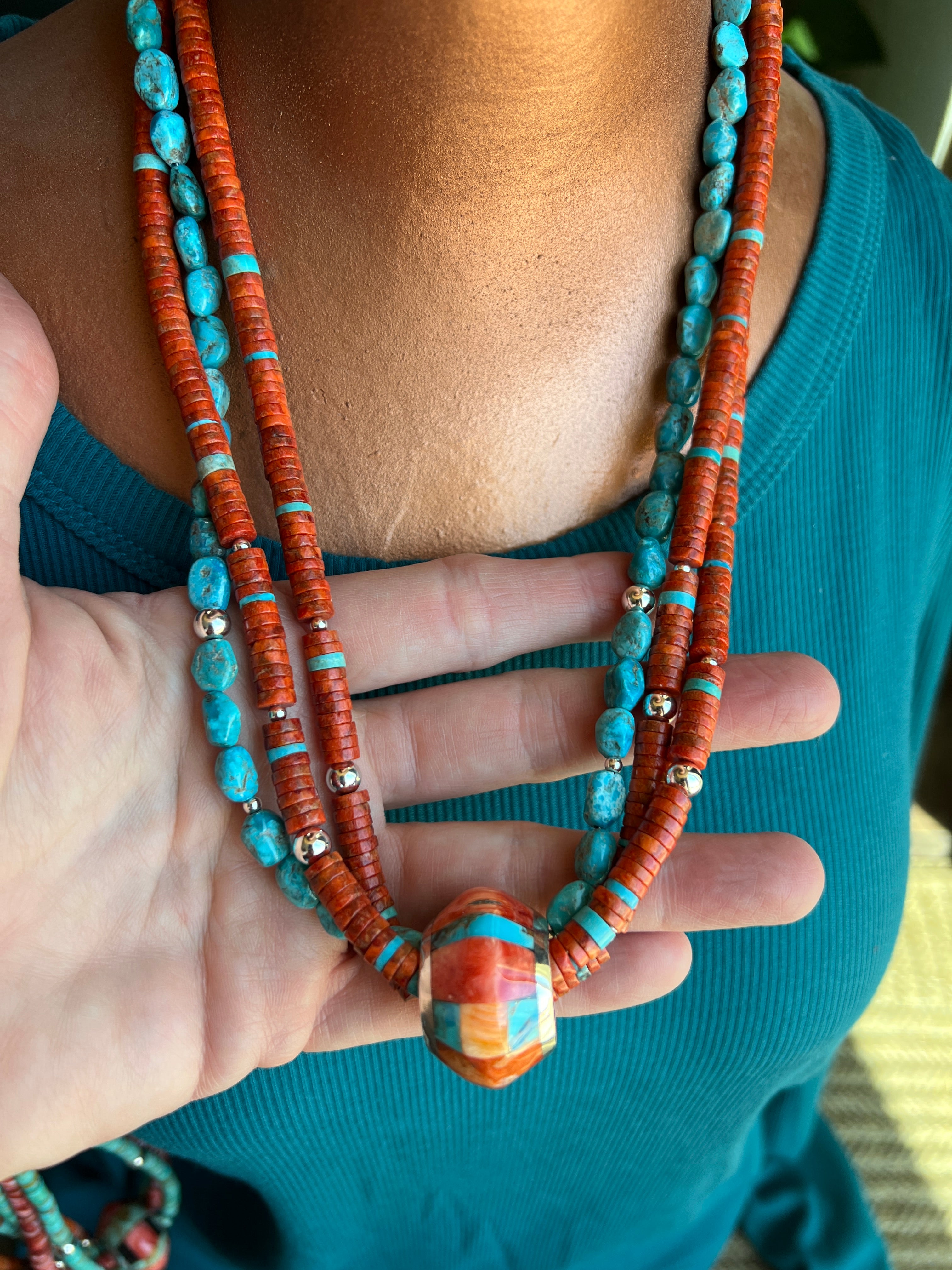 Daniel Coriz Triple Strand Apple Coral and Turquoise Beaded Necklace w/  Sterling Silver Removable Inlay Bead