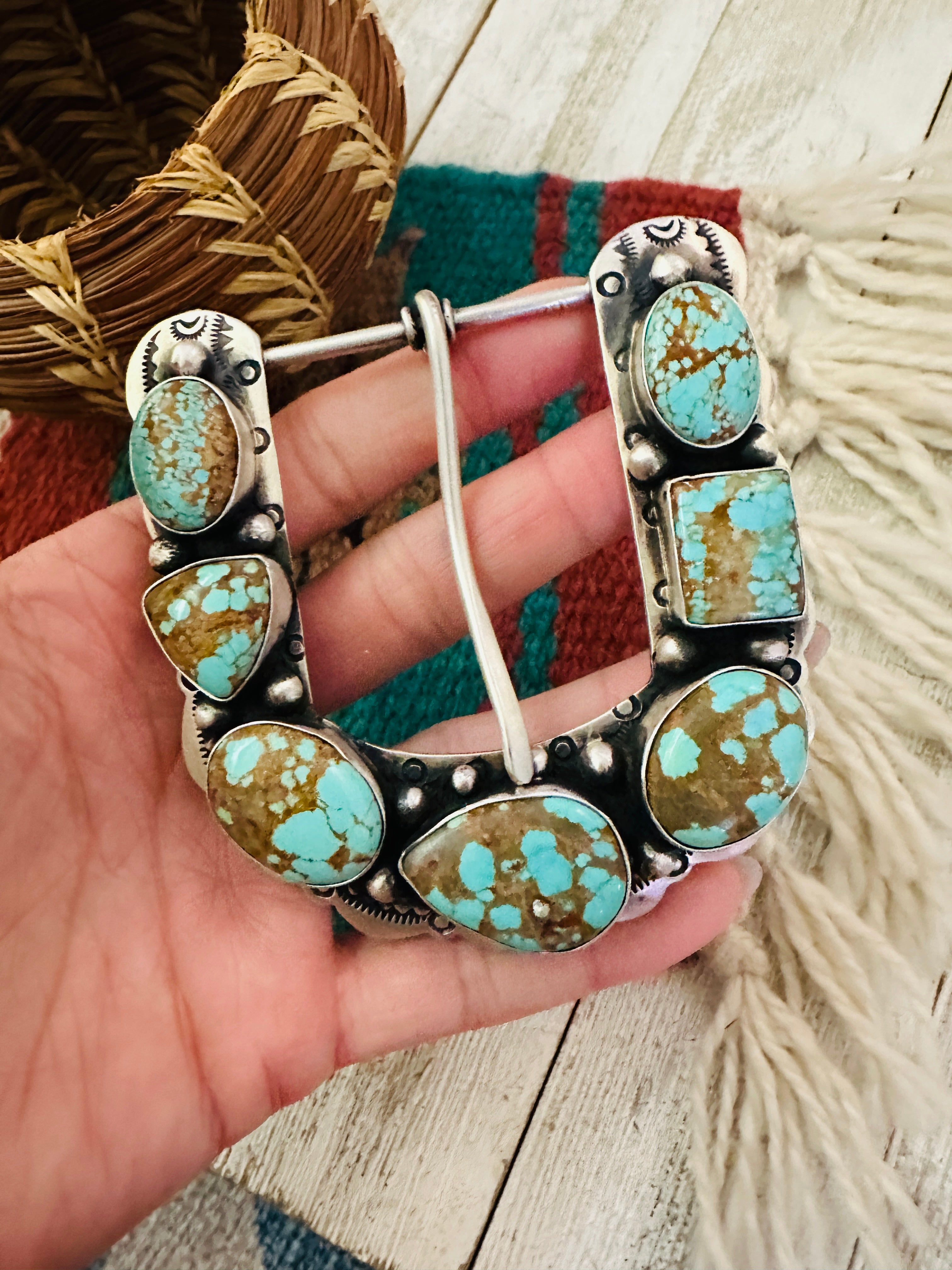 Handcrafted Number 8 Turquoise & Sterling Silver Belt Buckle by Russell Sam