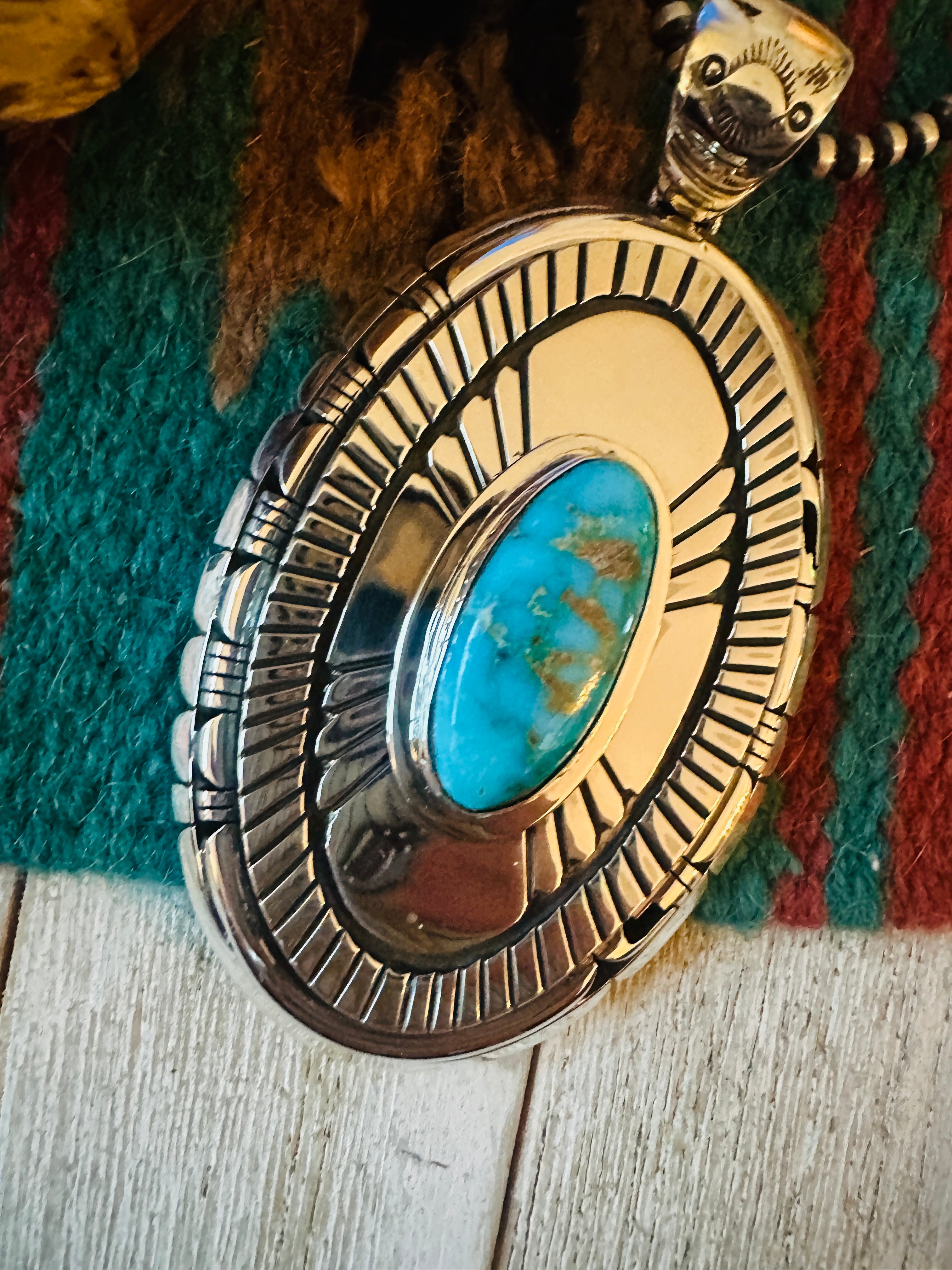 Handcrafted Sonoran Gold Turquoise &  Sterling Silver Pendant, Signed LK