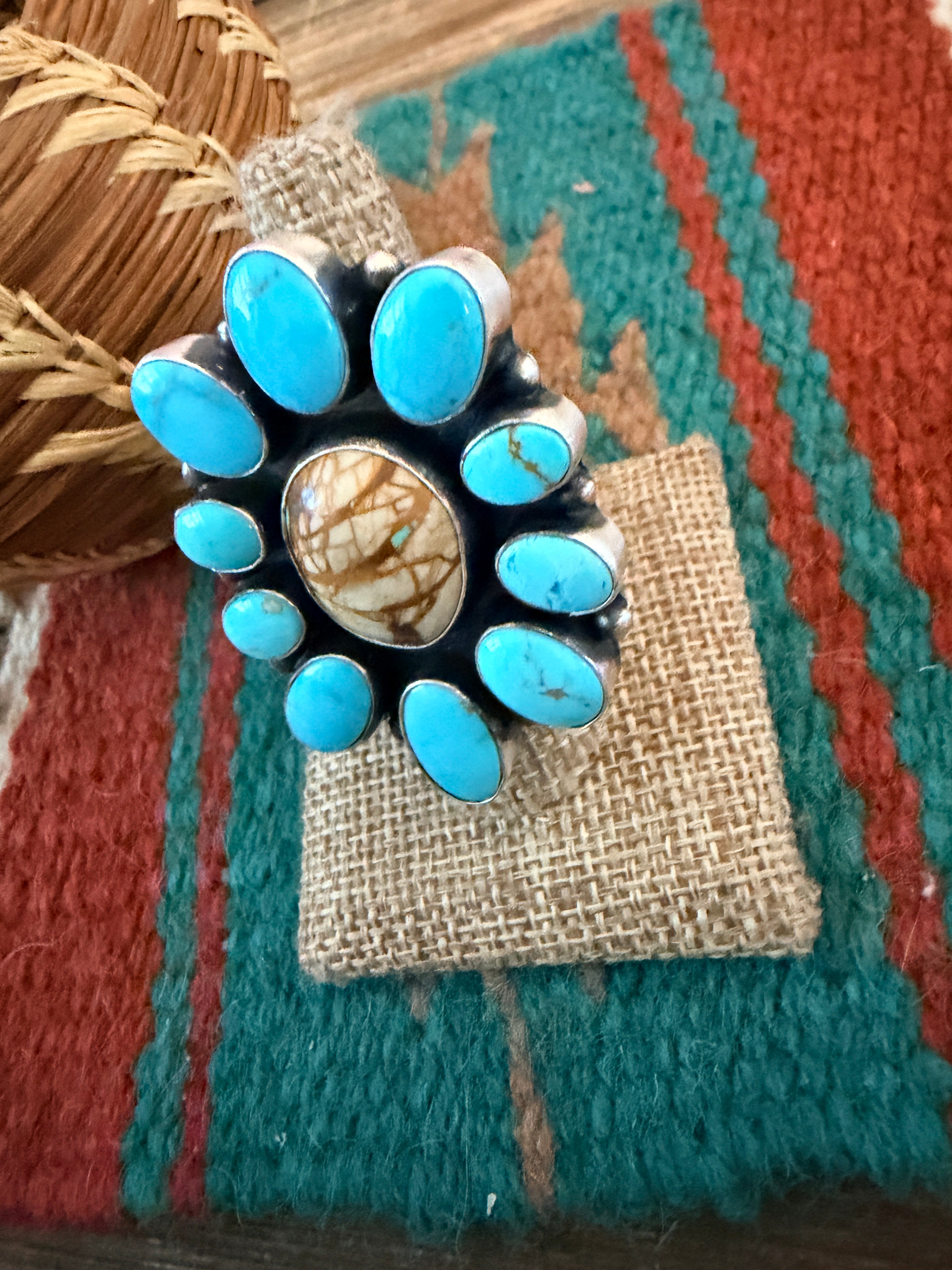 Handcrafted Multi Turquoise & Sterling Silver Ring Size 7.75 by Ella Peter