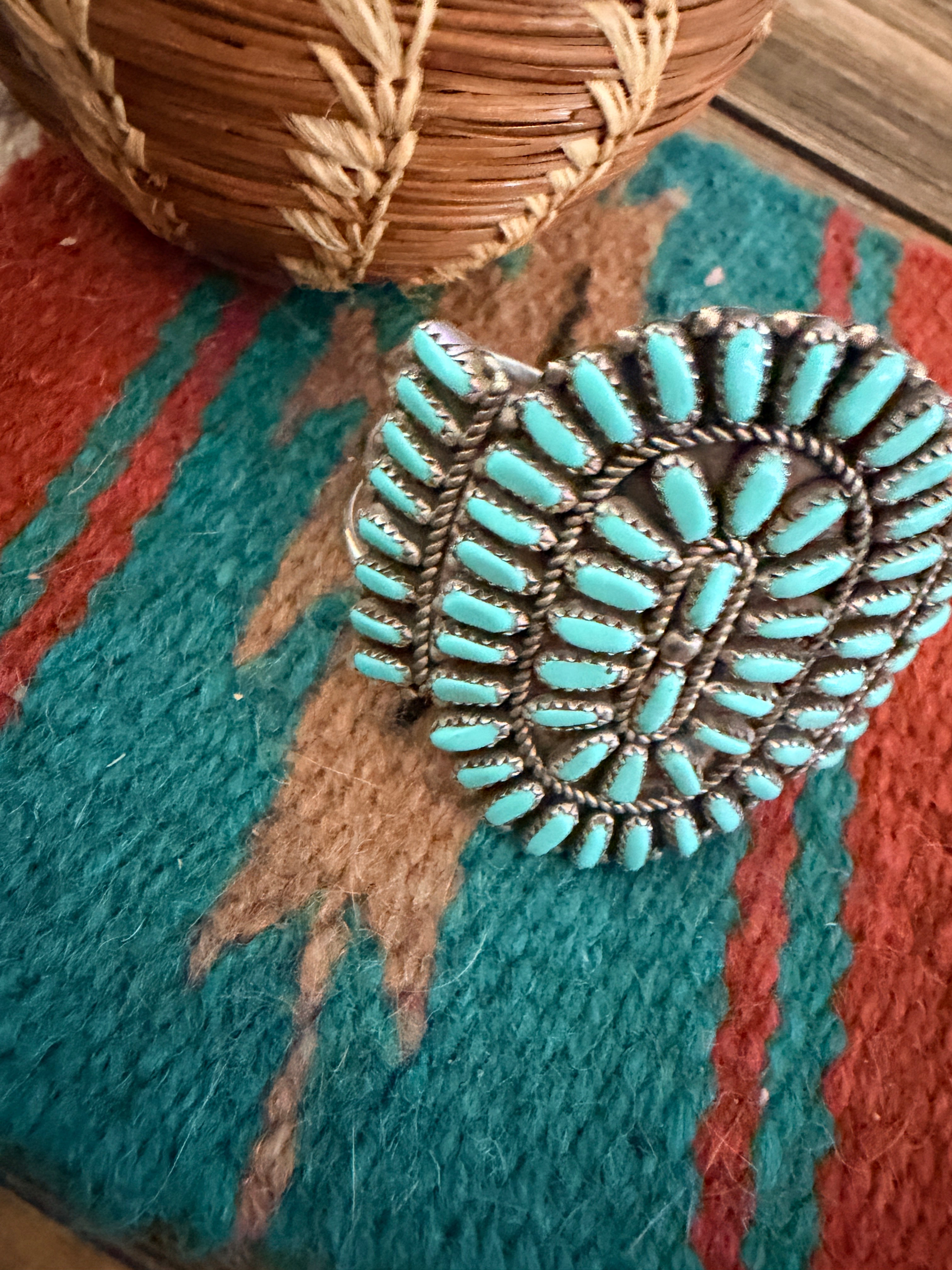 Handcrafted Old Pawn Sterling Silver & Turquoise Cluster Cuff Bracelet