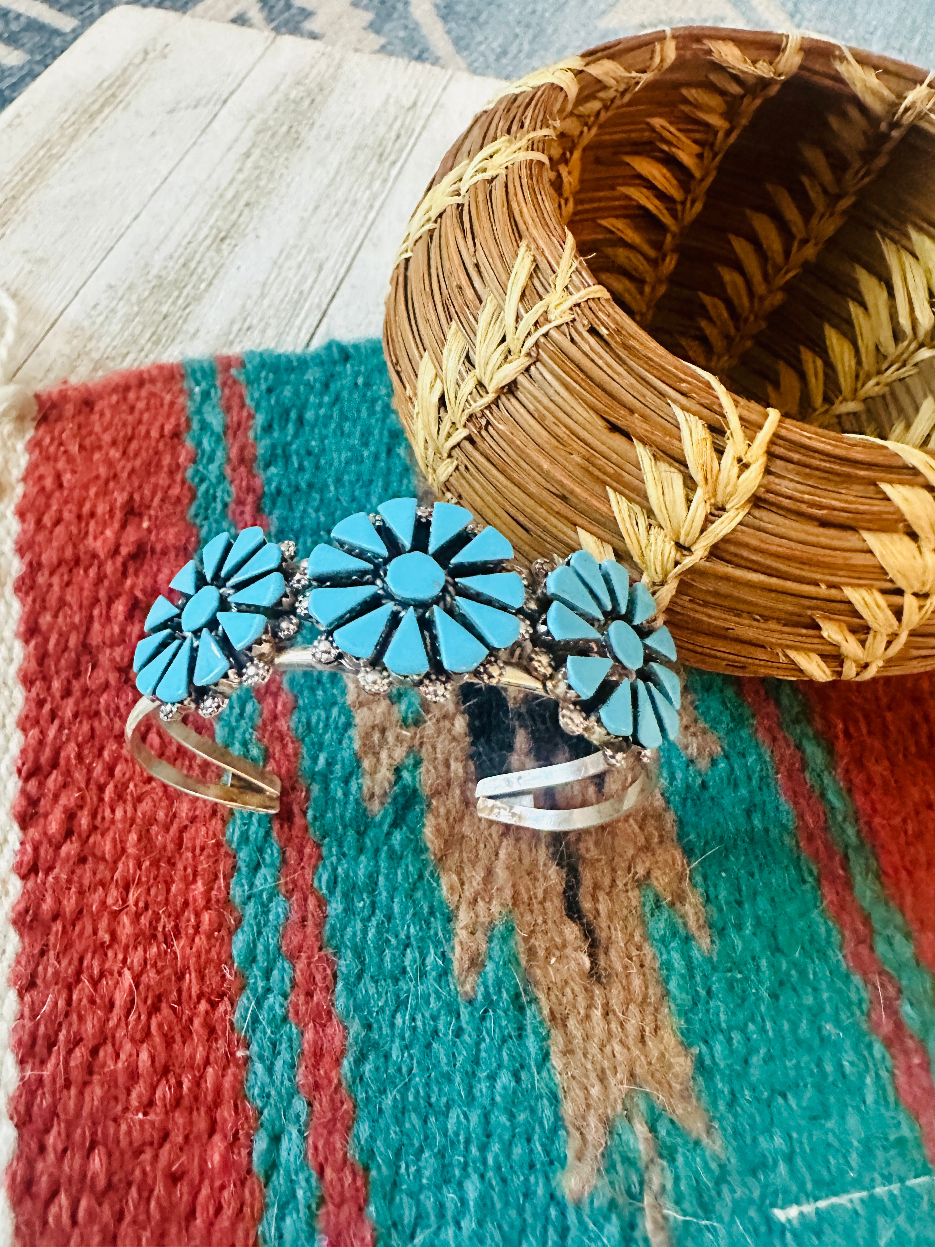 Zuni Sterling Silver & Turquoise Cluster Cuff Bracelet