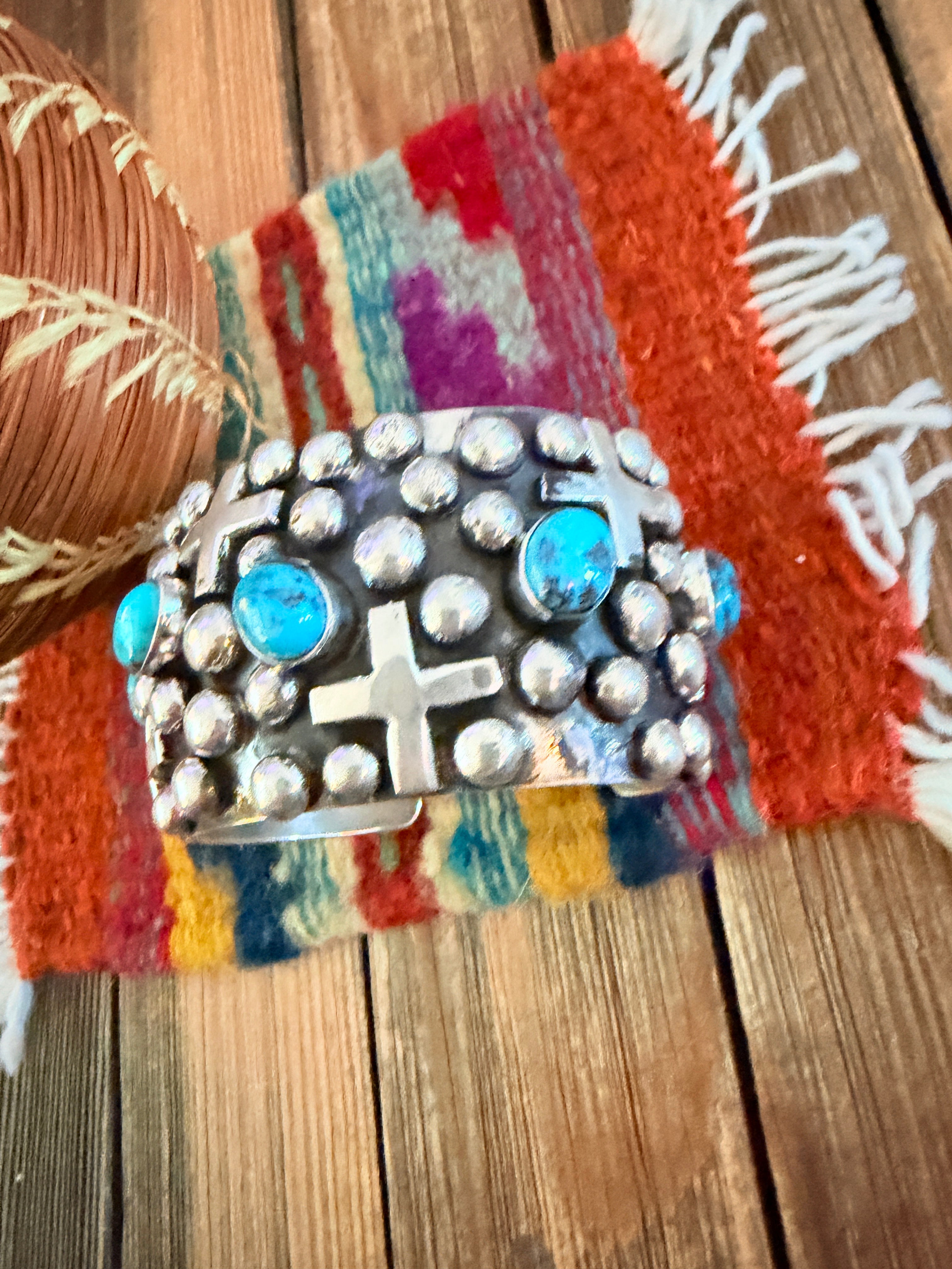 Handcrafted Turquoise & Sterling Silver Cross Cuff Bracelet By Chimney Butte