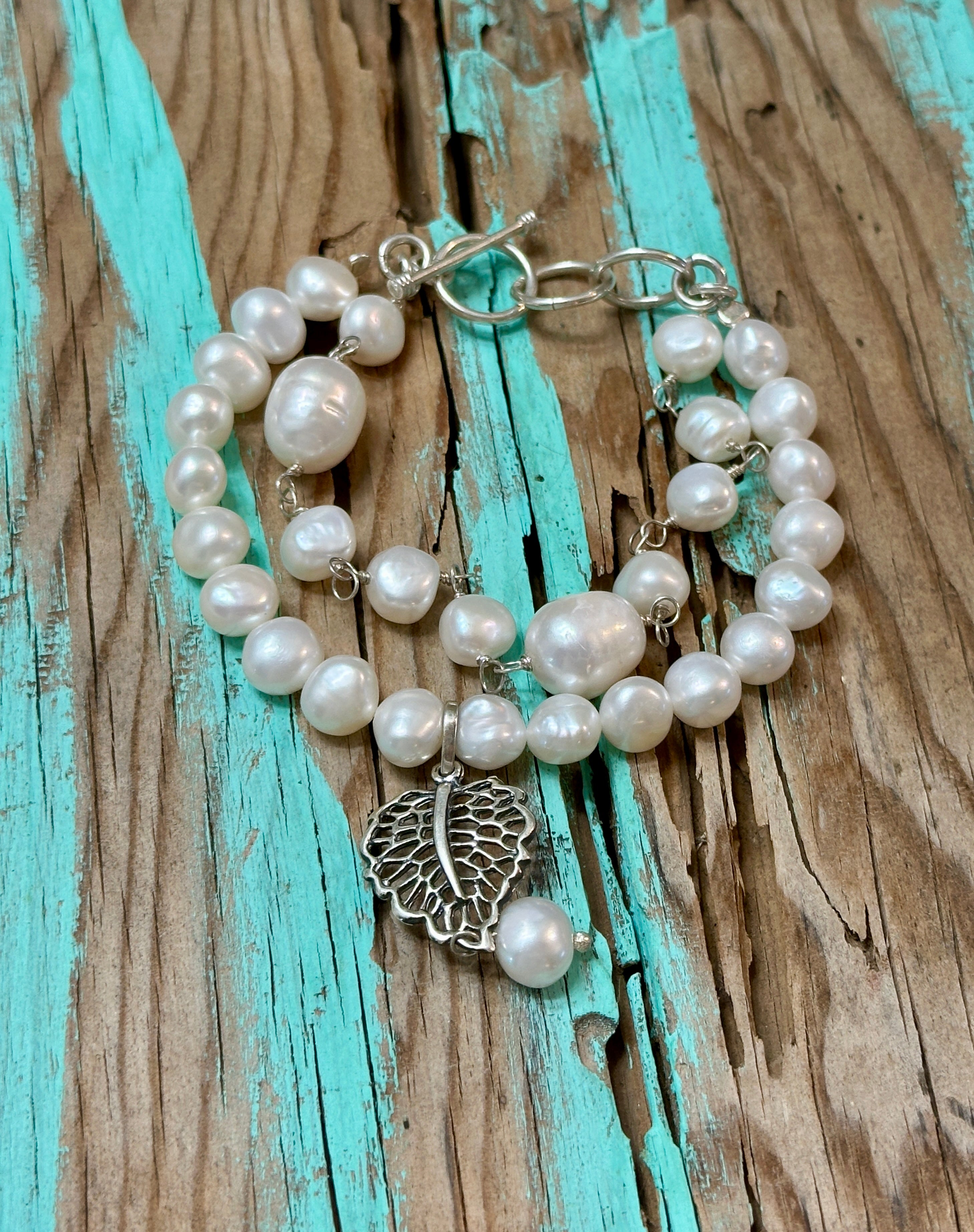 Pearl Bracelet with Leaf Dangle Sterling Silver