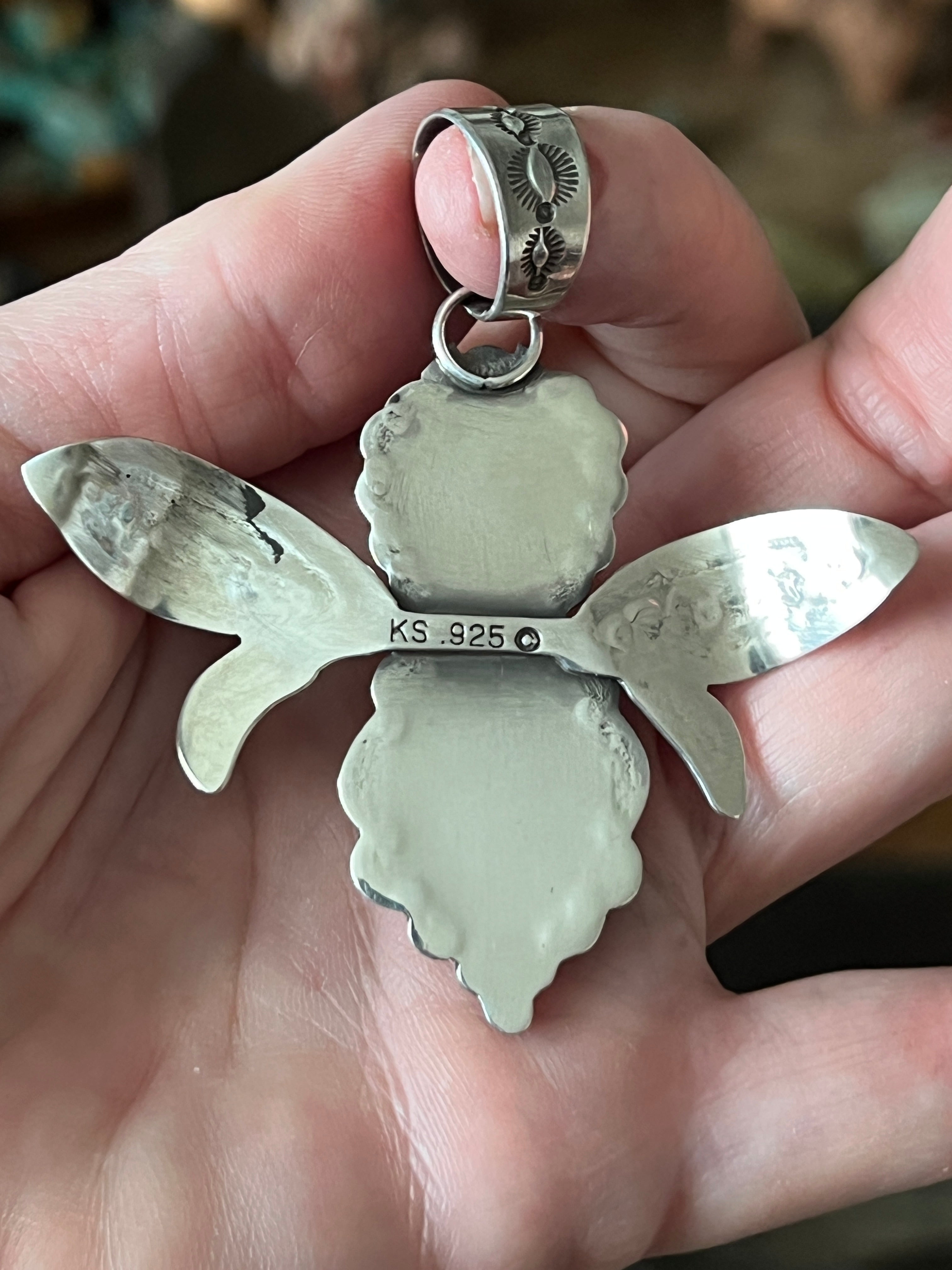 Handcrafted Kimari Somers Sterling Silver and Turquoise Winged Bug Pendant