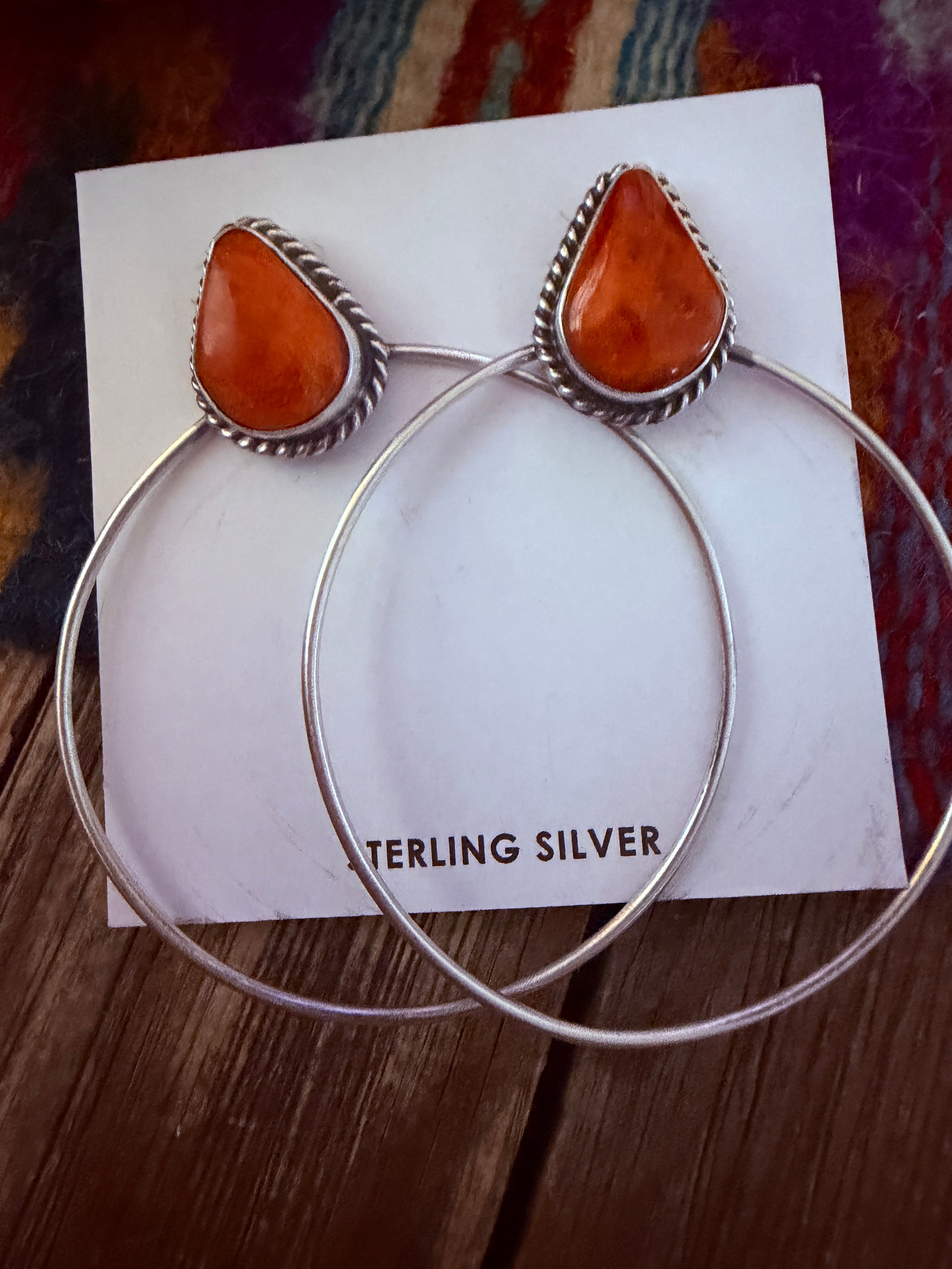 Handcrafted Orange Spiny and Sterling Silver Dangle Hoop Earrings by Elouise Kee